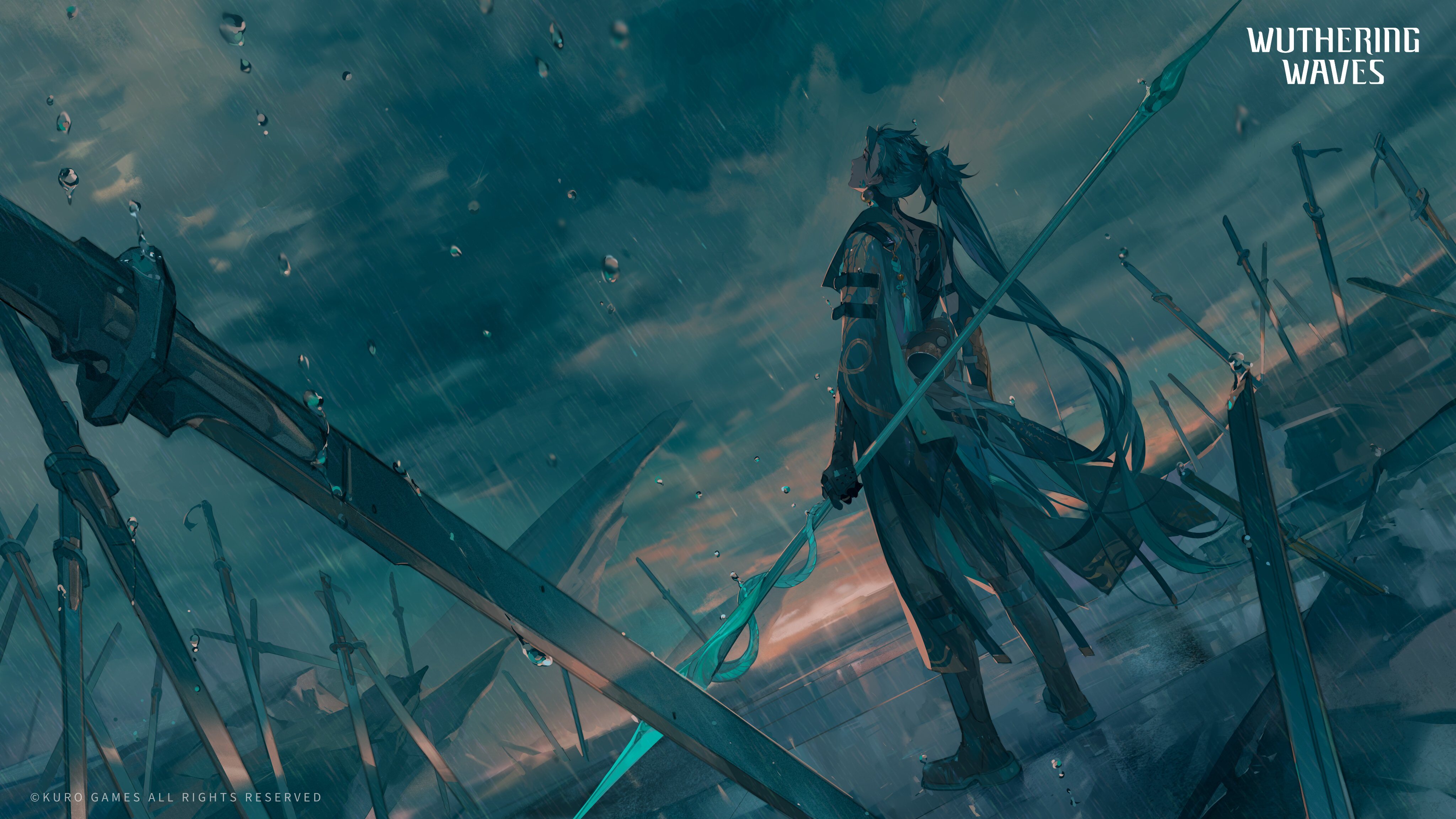 Free download Electronic Games Characters Head-up Long Hair Green Hair Howling Wave Extreme Flame Spear Raining Long Sword Fighting Cloudy 4K Wallpaper, Wallpaper(s) website provided.