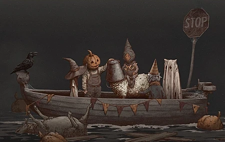 Free download Zoo Halloween Boat Crow Pumpkin Sheep Witch Hat Simple Background Water 4K Wallpaper, Wallpaper(s)