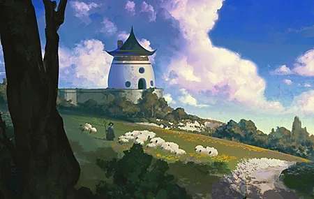Free download Illustrations Numbers Painting Landscape Fields Trees Clouds Sheep Animals Nature Mobile Wallpaper 4K Wallpaper, Wallpaper(s) website provided.