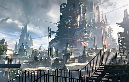 Free download landscape steam punk factory cloud smoke cable stairs sunshine handrail sky building 4K wallpaper, Wallpaper(s)