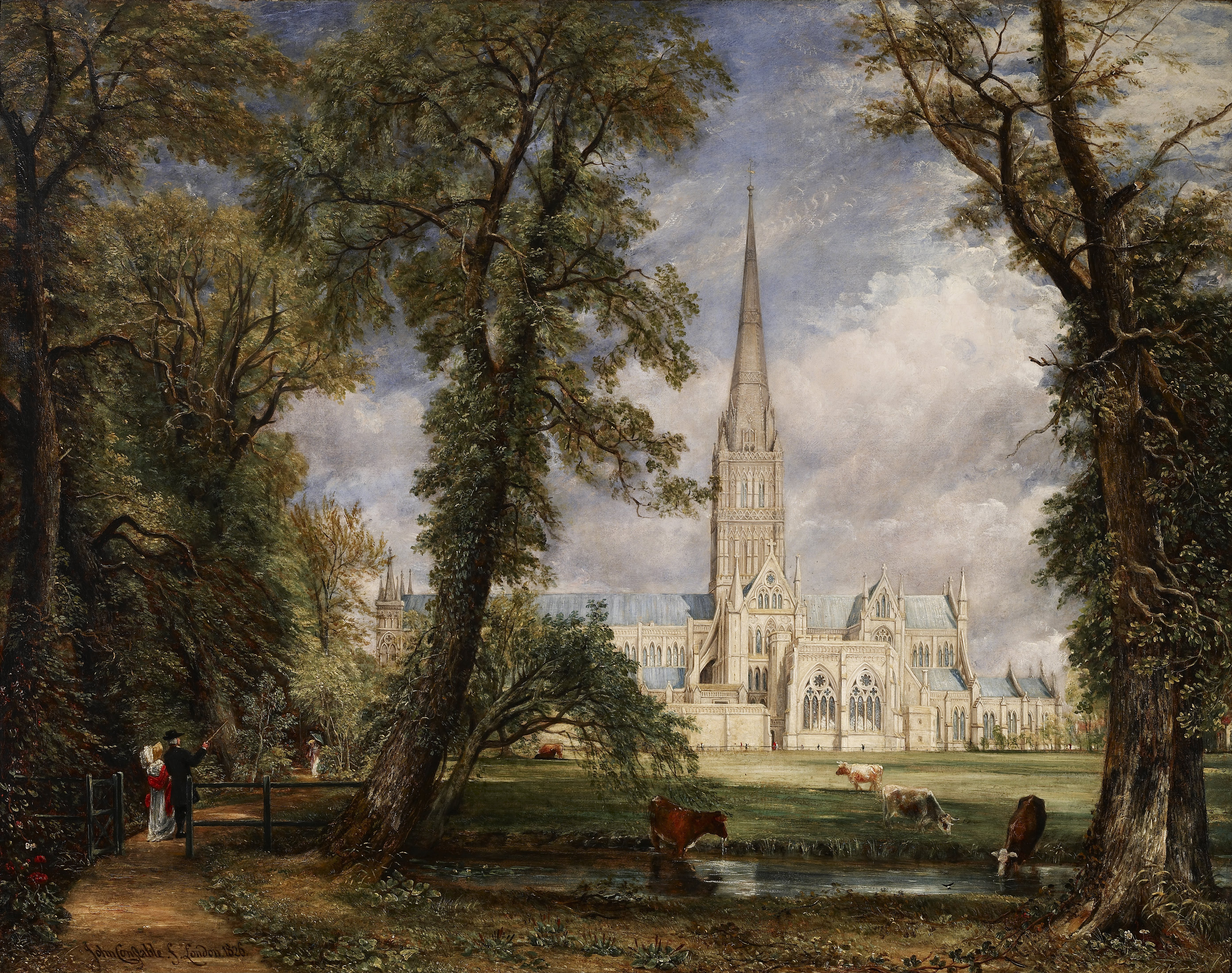 Free download Men women classic art painting oil painting cathedral park animals lake trees cow lawn nature landscape sky 4K wallpaper, Wallpaper(s)