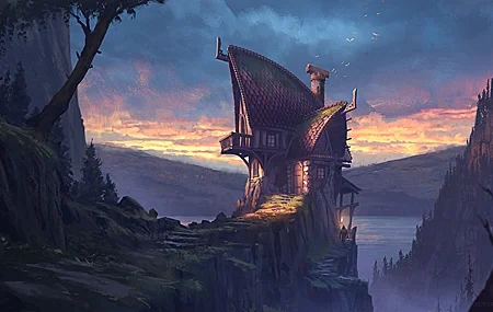 Free download Illustration architecture nature medieval sunset clouds painting house water mountains forest trees 4K wallpaper, Wallpaper(s) website provided.