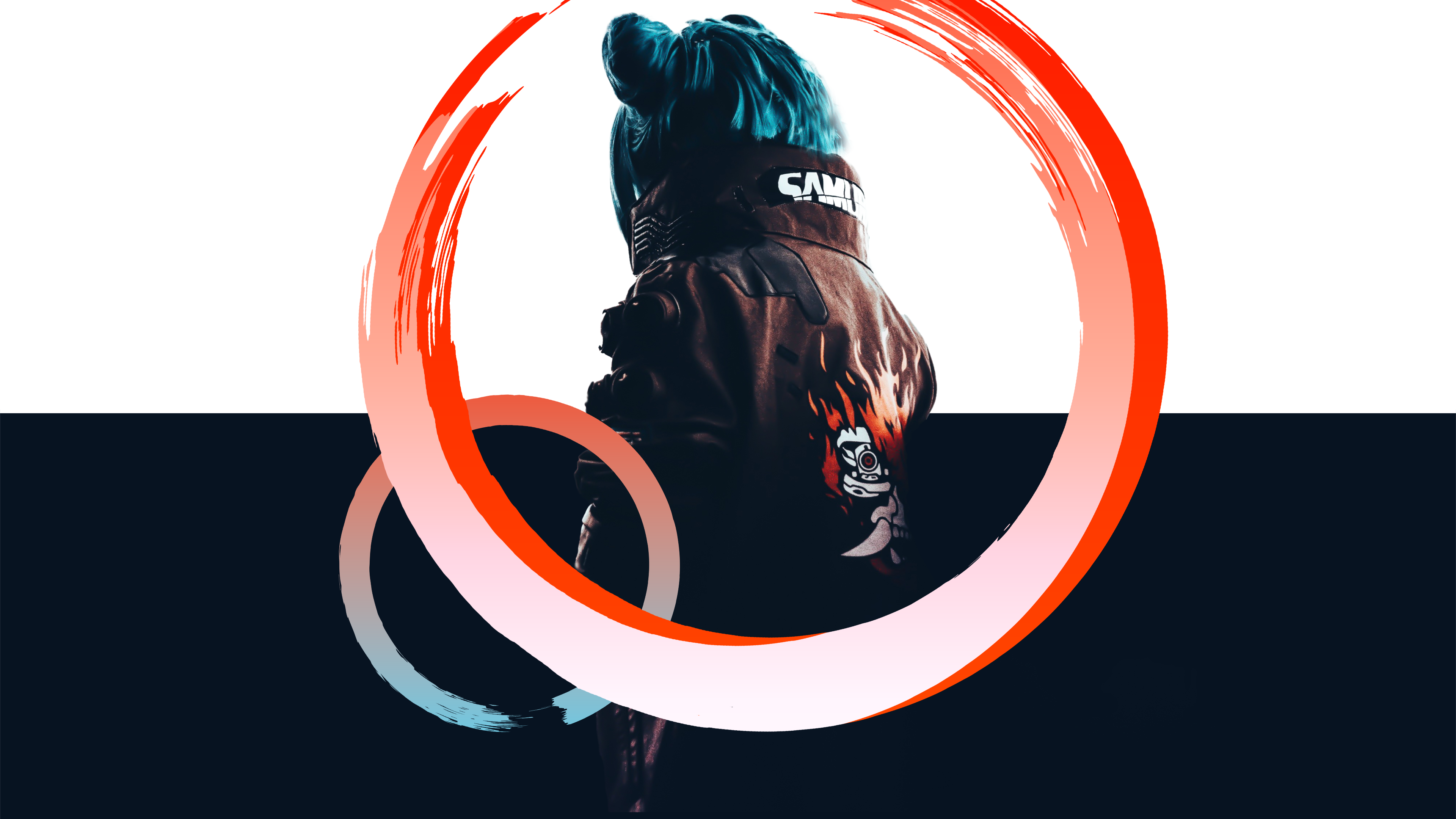 Free download Electronic Games Characters Blue Hair Bun Girls Cyberpunk Science Fiction Fans CGI Graphic Design White Background Blue Background Leather Jacket Futuristic PC Abstract Modern 4K Wallpaper, Wallpaper(s) website provided.