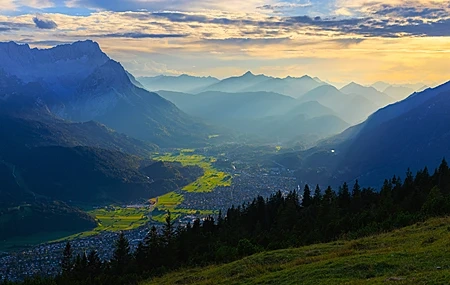 Free download nature landscape mountains clouds sky town farm fields grass trees forest sunlight vision 4K wallpaper, Wallpaper(s) website provided.