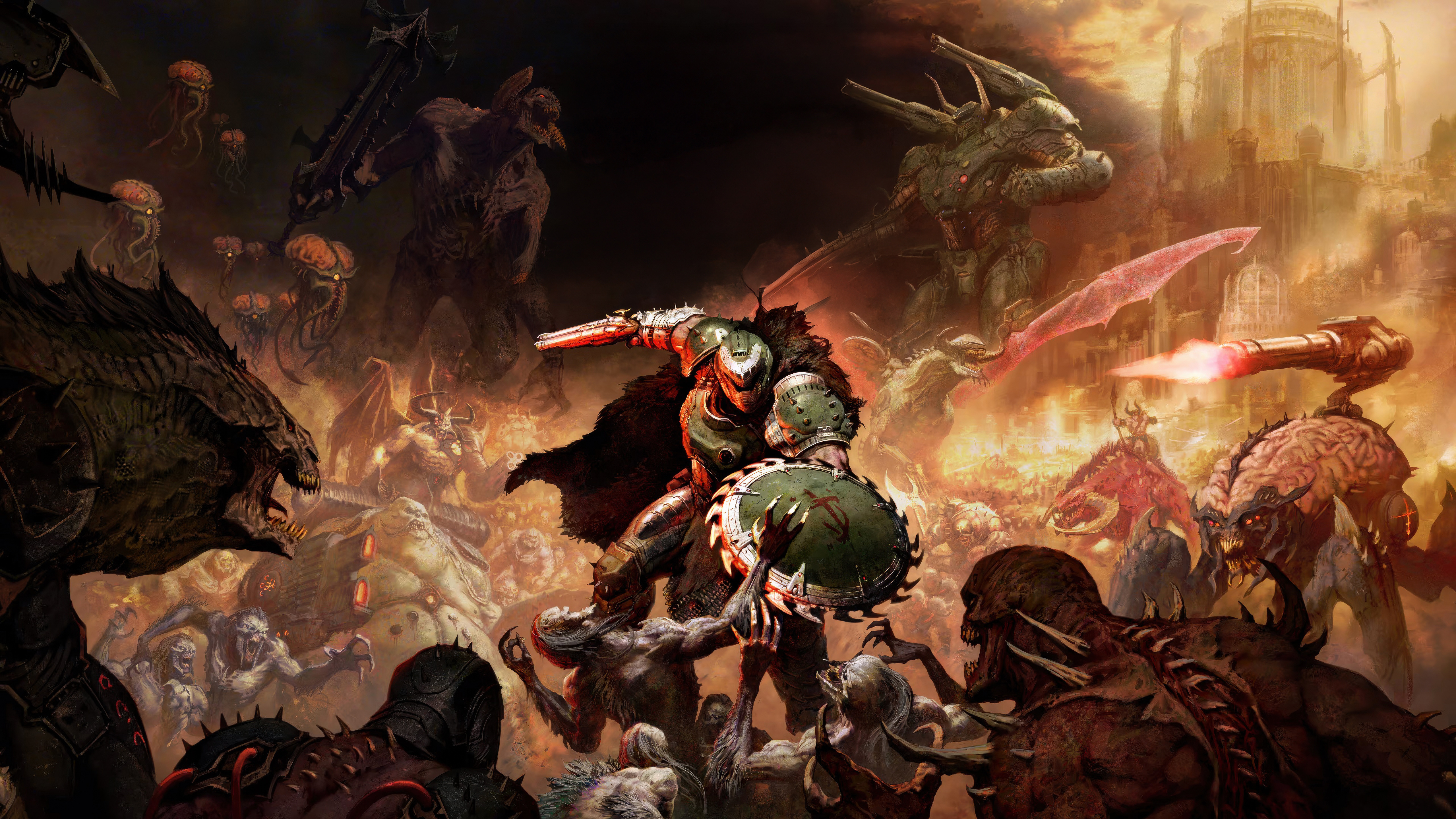 Free download Destruction Dark Ages Doom Warrior Shield Electronic Game Devil Cloak Gun Armor Spikes Fight 4K Wallpaper, Wallpaper(s) website provided.