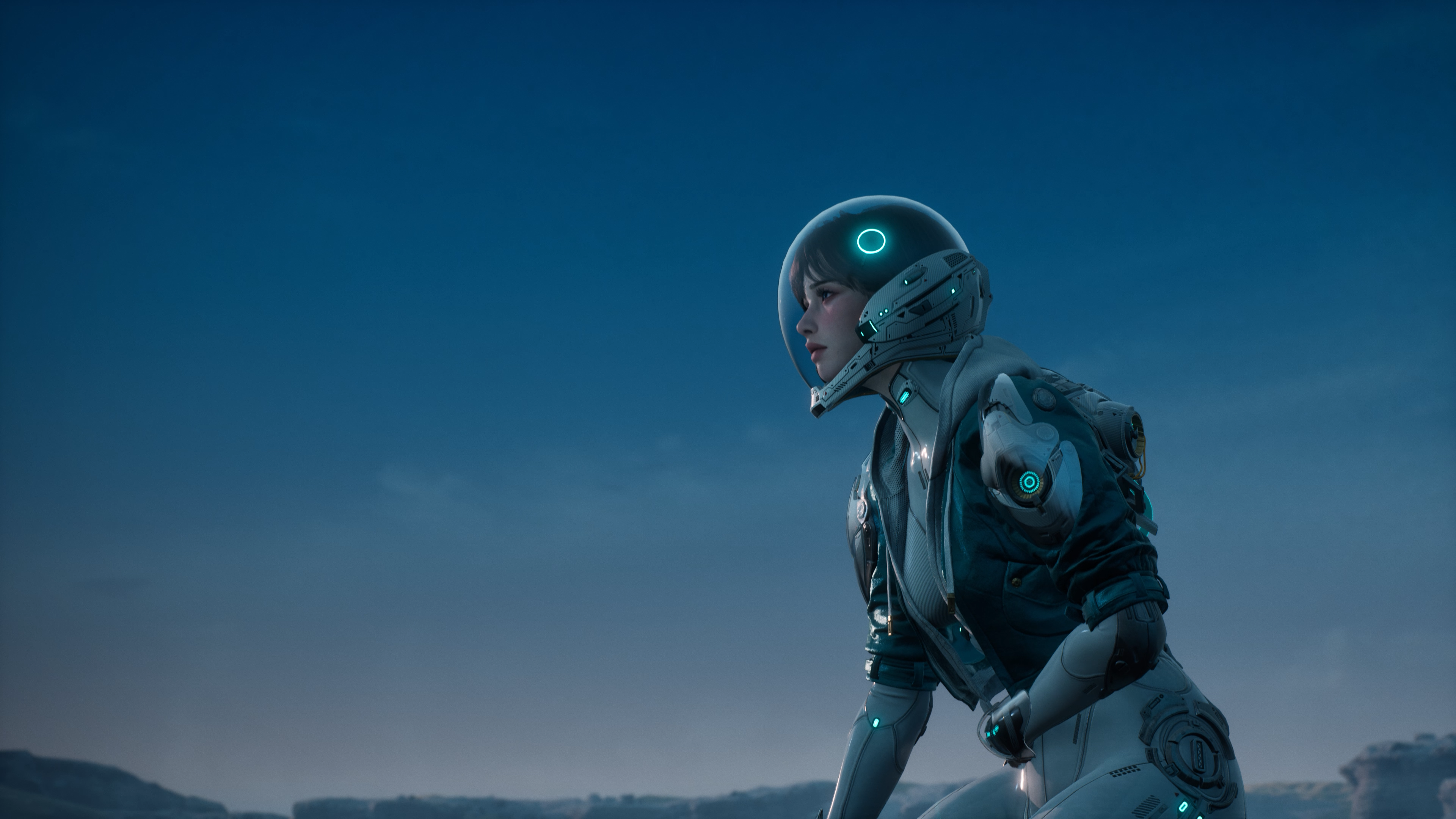 Free download Electronic Games Character Girls Brunette Blue Eyes CGI Screenshot Sky Helmet Tights Spacesuit Sunny Sky 4K Wallpaper, Wallpaper(s)