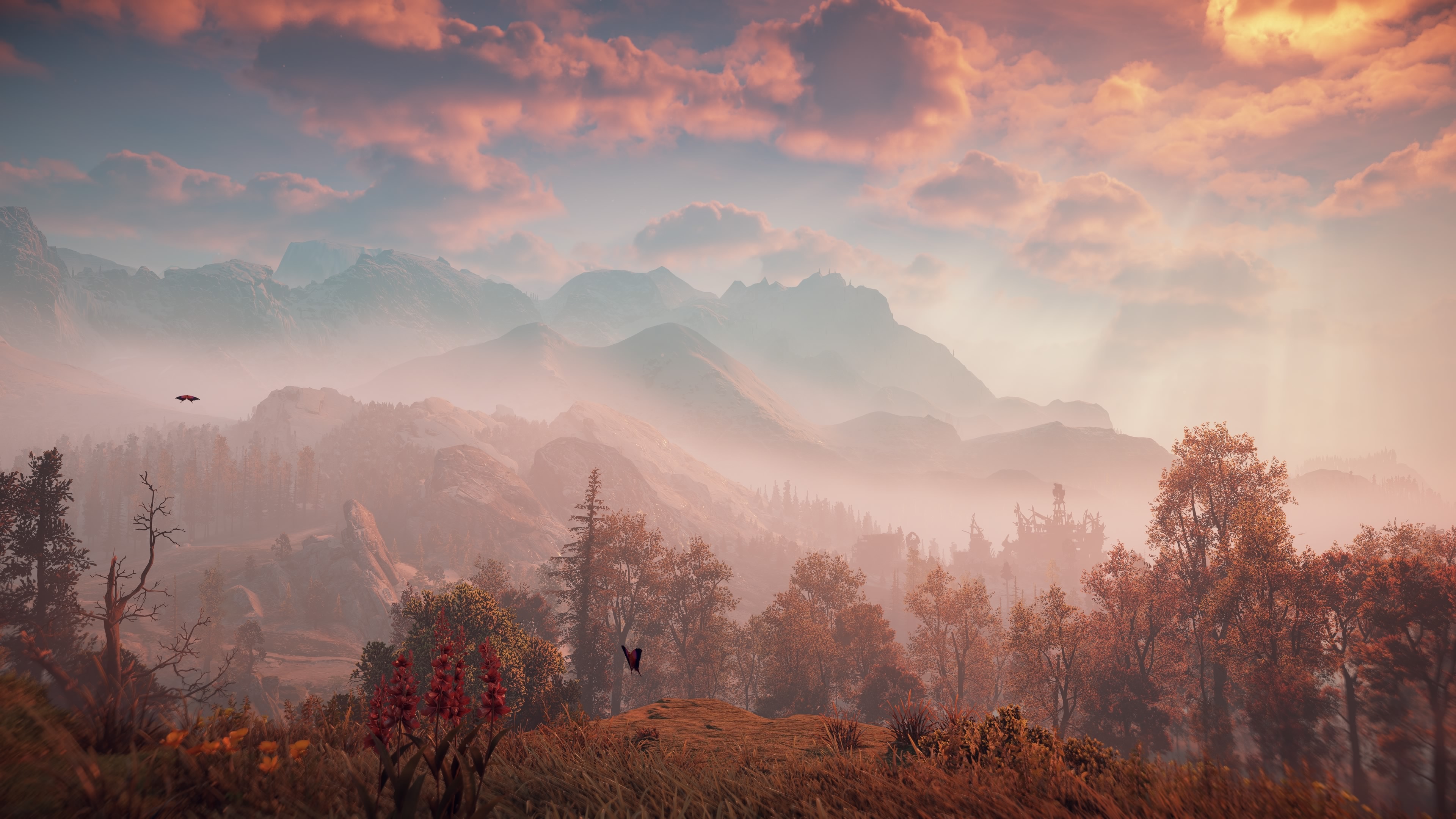 Free download Horizon Dawn Scenery Screenshot Electronic Games Mountains Forest Trees Clouds Sunshine Sky CGI 4K Wallpaper, Wallpaper(s) website provided.
