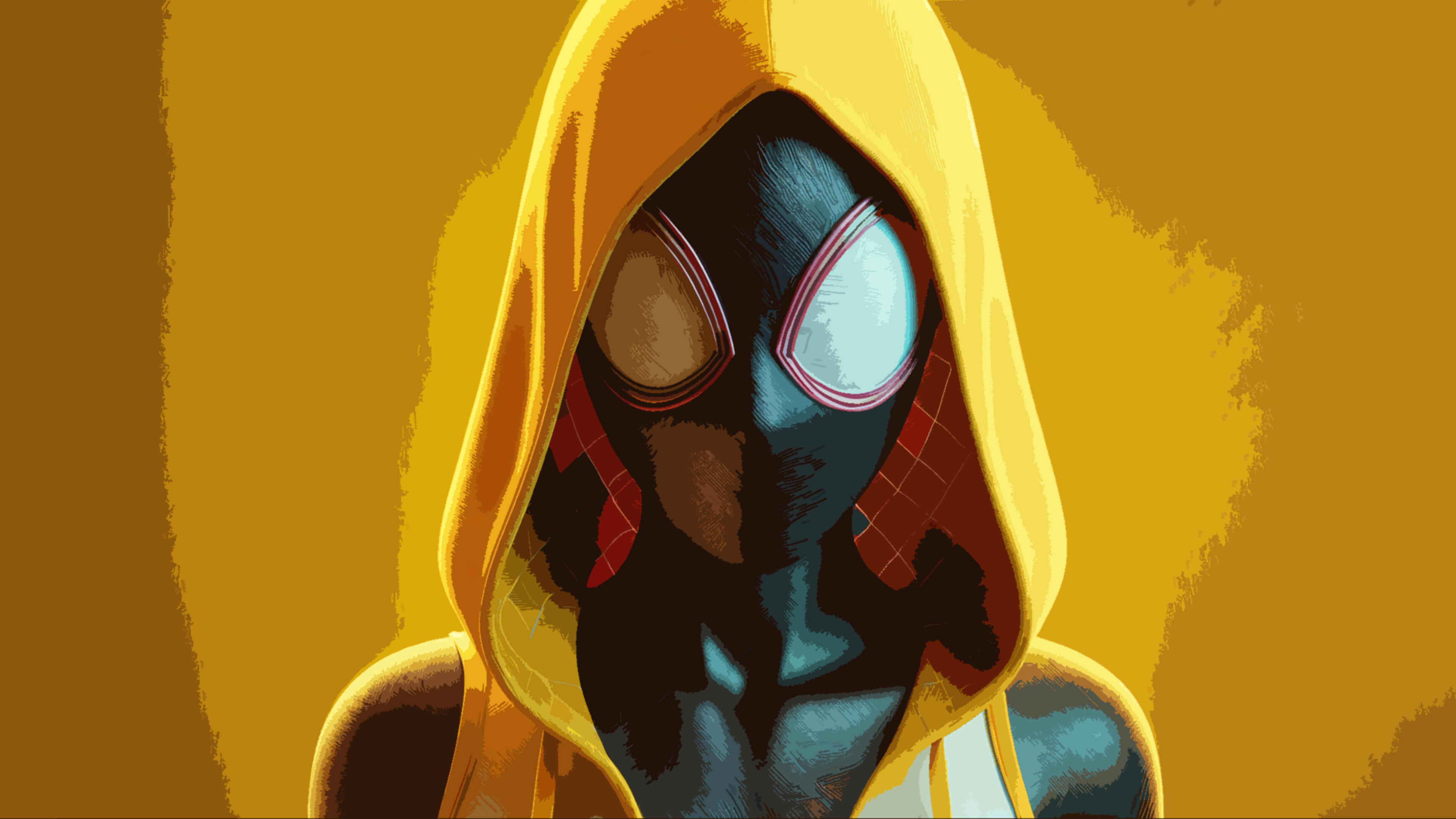 Free download Female Spiderwoman Spiderman Hood Cape Character CGI Simple Background Yellow Hood Yellow Background Minimalism Closeup 4K Wallpaper, Wallpaper(s) website provided.