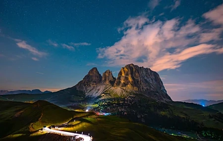 Free download nature landscape sky cloud mountain range light stars rock grass trees hill road night 4K wallpaper, Wallpaper(s) website provided.