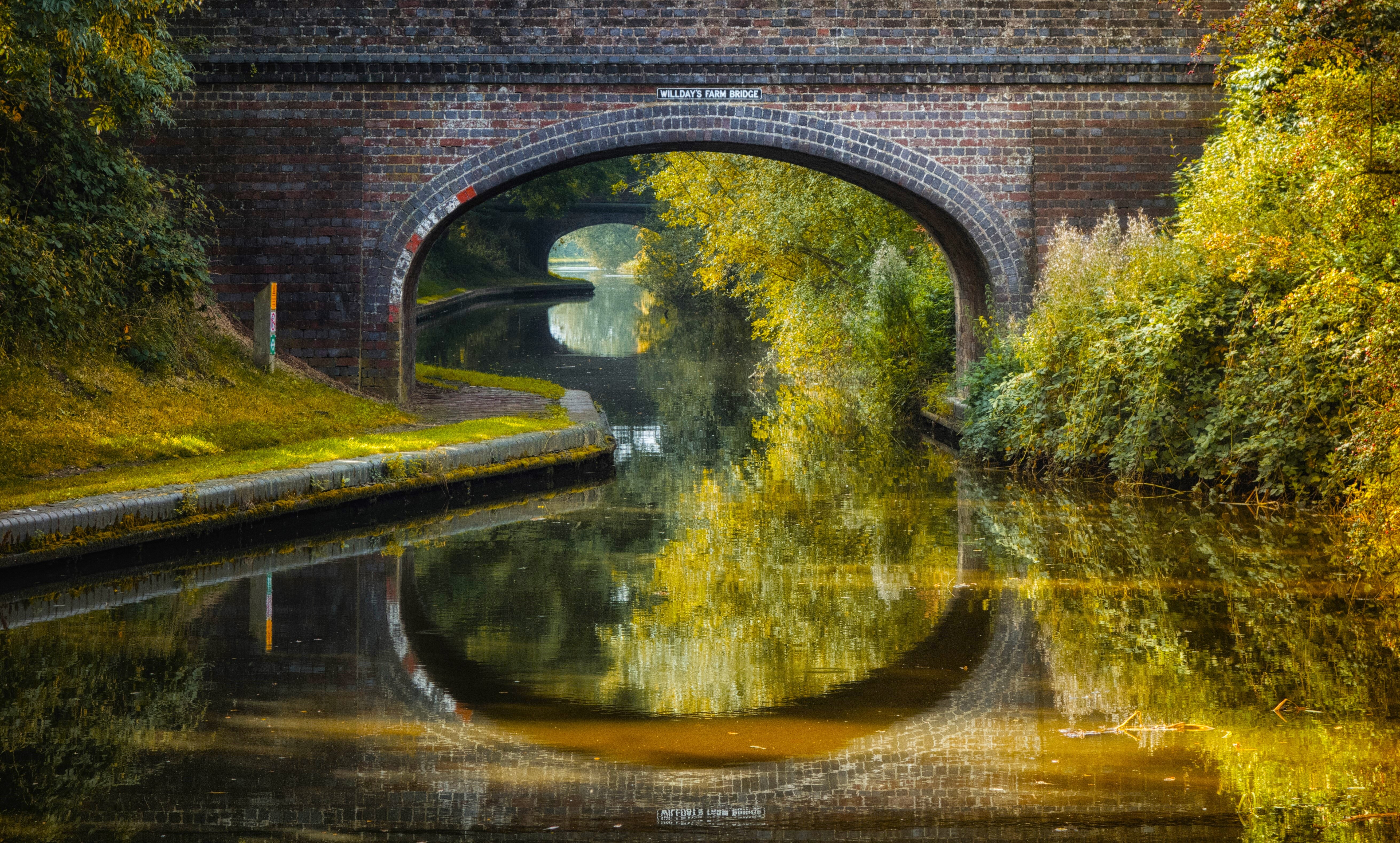 Free download Landscape Bridge Building Water Plant Grass Trees Canal Ripples 4K Wallpaper, Wallpaper(s)
