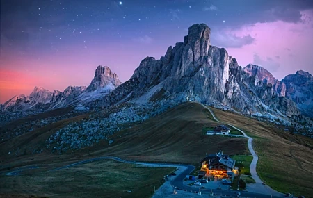 Free download Nature Landscape Rock Clouds Sky Night Grass Road Stars 4K Wallpaper, Wallpaper(s) website provided.