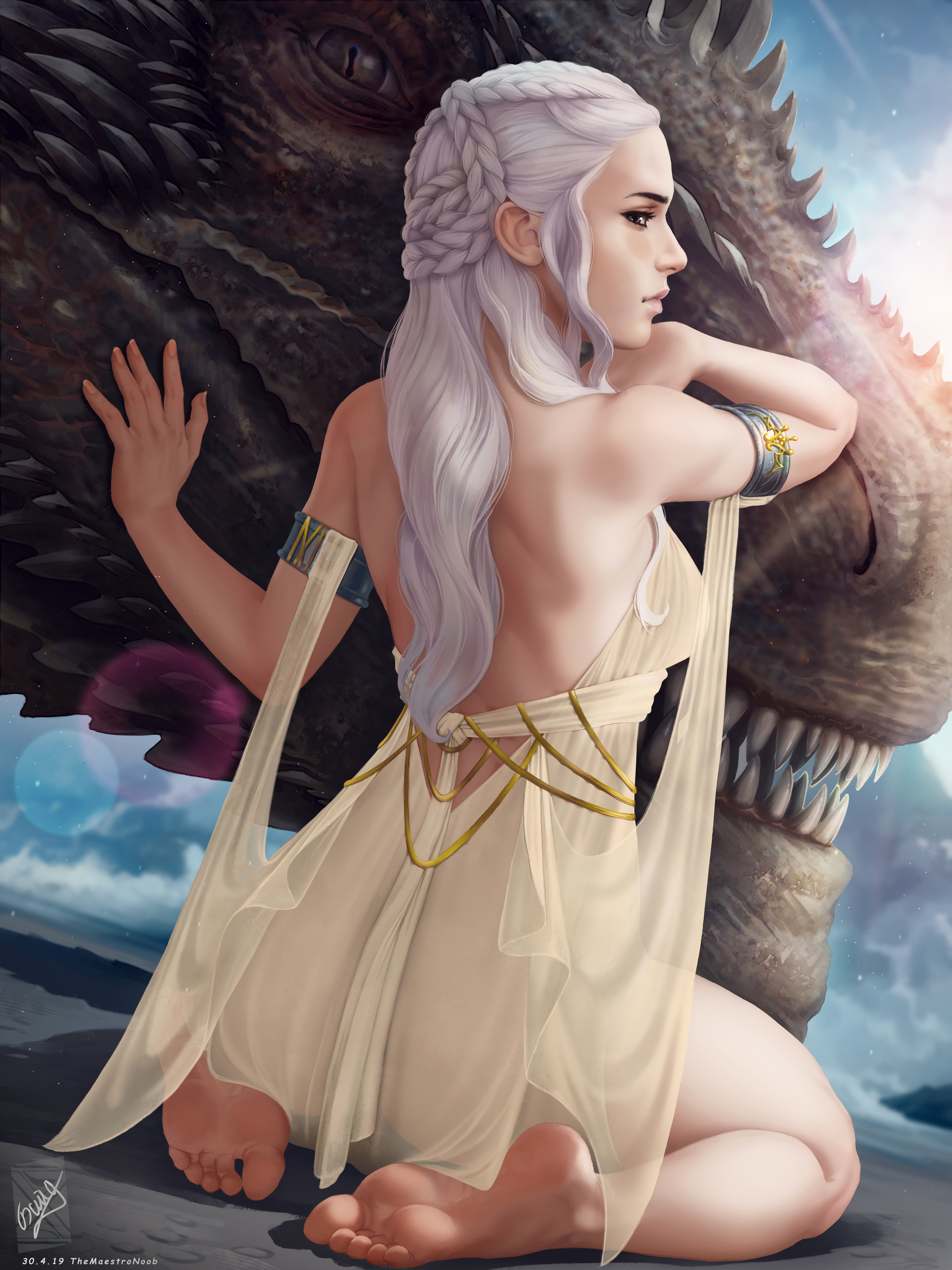 Free download White hair fictional character shoulder fantasy girl game of throne fantasy art dragon dress sketch anime mobile wallpaper 4K wallpaper, Wallpaper(s) website provided.