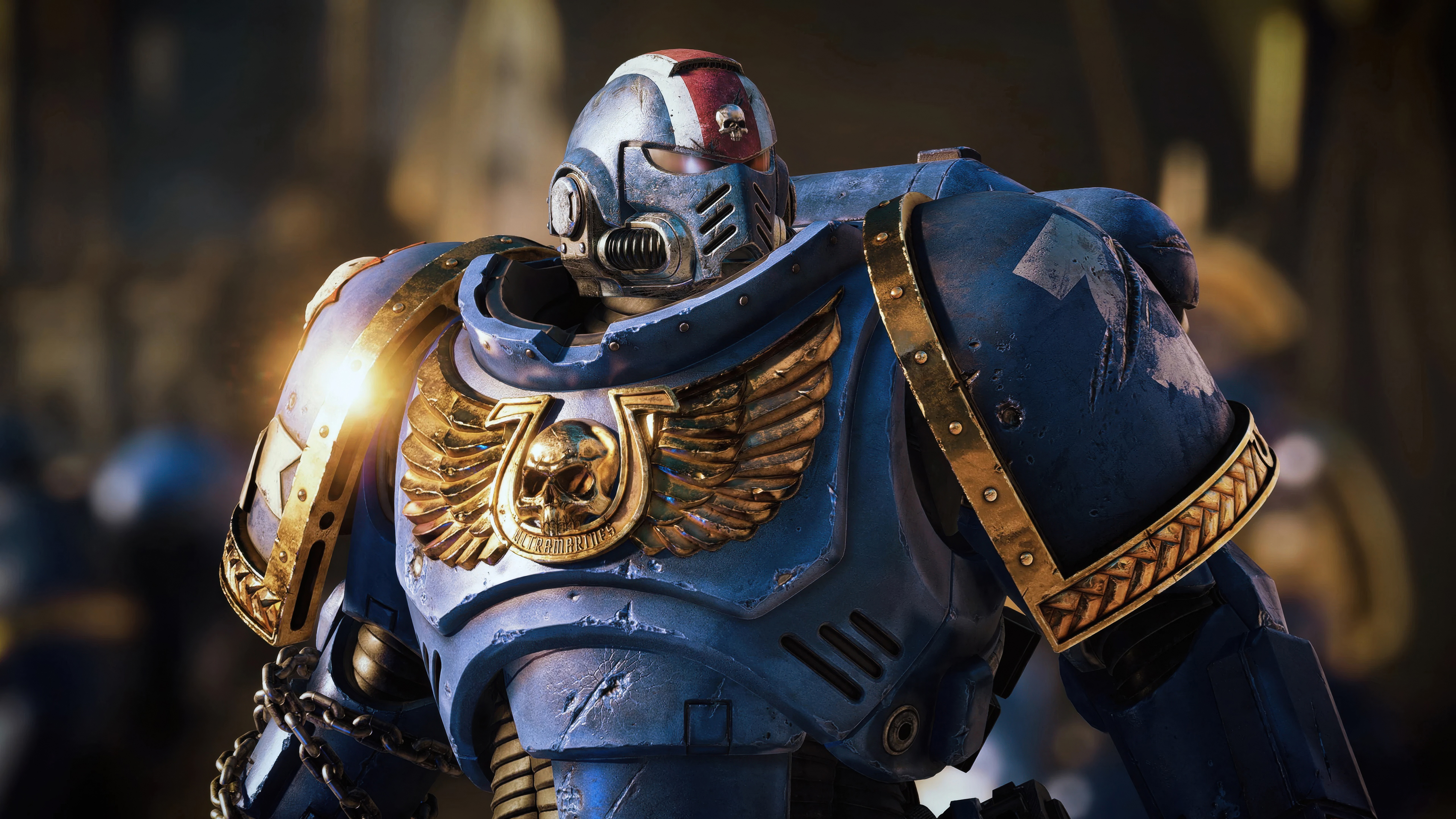 Free download Soldier Electronic Game Character Warhammer Space Marine Armor Skull Blurred Background Shiny Closeup 4K Wallpaper, Wallpaper(s) website provided.