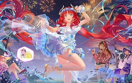 Free download Smiling Long Hair Red Hair Blue Eyes Pink Hair Hat Woman Purple Hair Anime Girl Sun Hat Yellow Eyes Flowers Fireworks Night Sky Leaves Blue Nails Drinks 4K Wallpaper, Wallpaper(s) website provided.