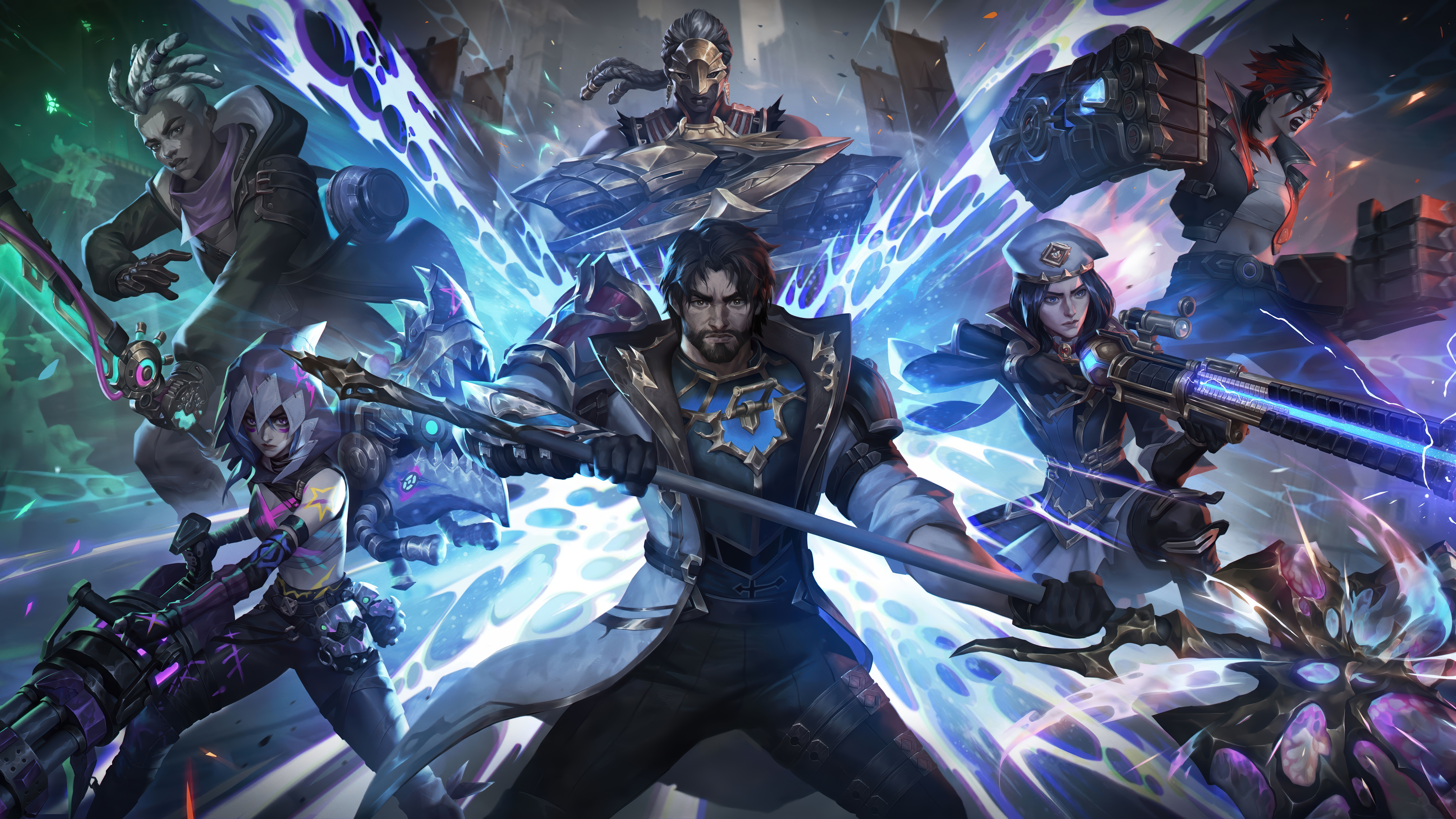 Free download League of Legends Kate Lin Eco Electronic Games Character Girl Standing Men Beard Short Hair Battle of the Two Cities Weapons 8K Wallpaper, Wallpaper(s) website provided.
