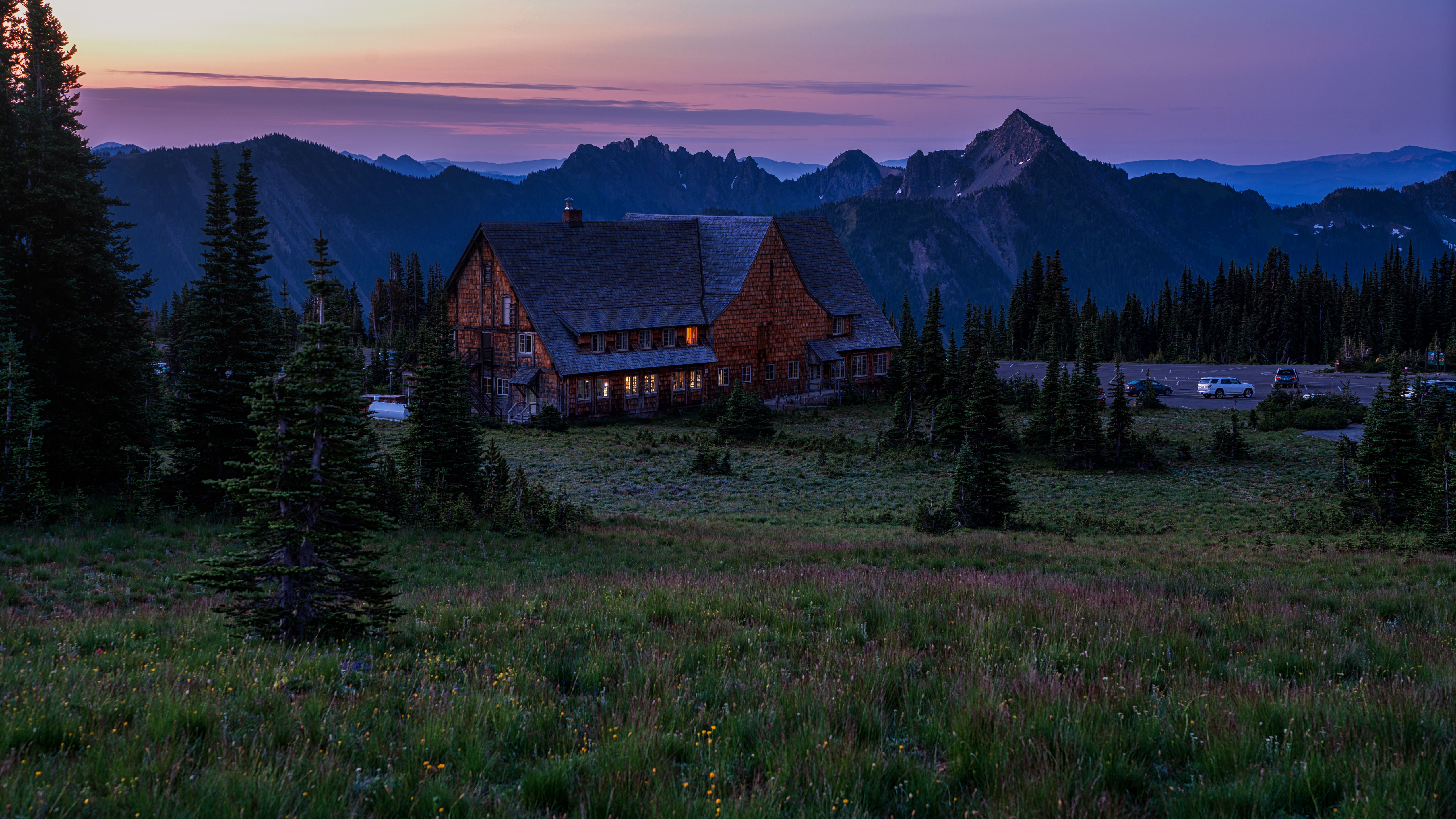 Free download nature landscape trees grass car houses mountains clouds sky lights national park 4K wallpaper, Wallpaper(s) website provided.