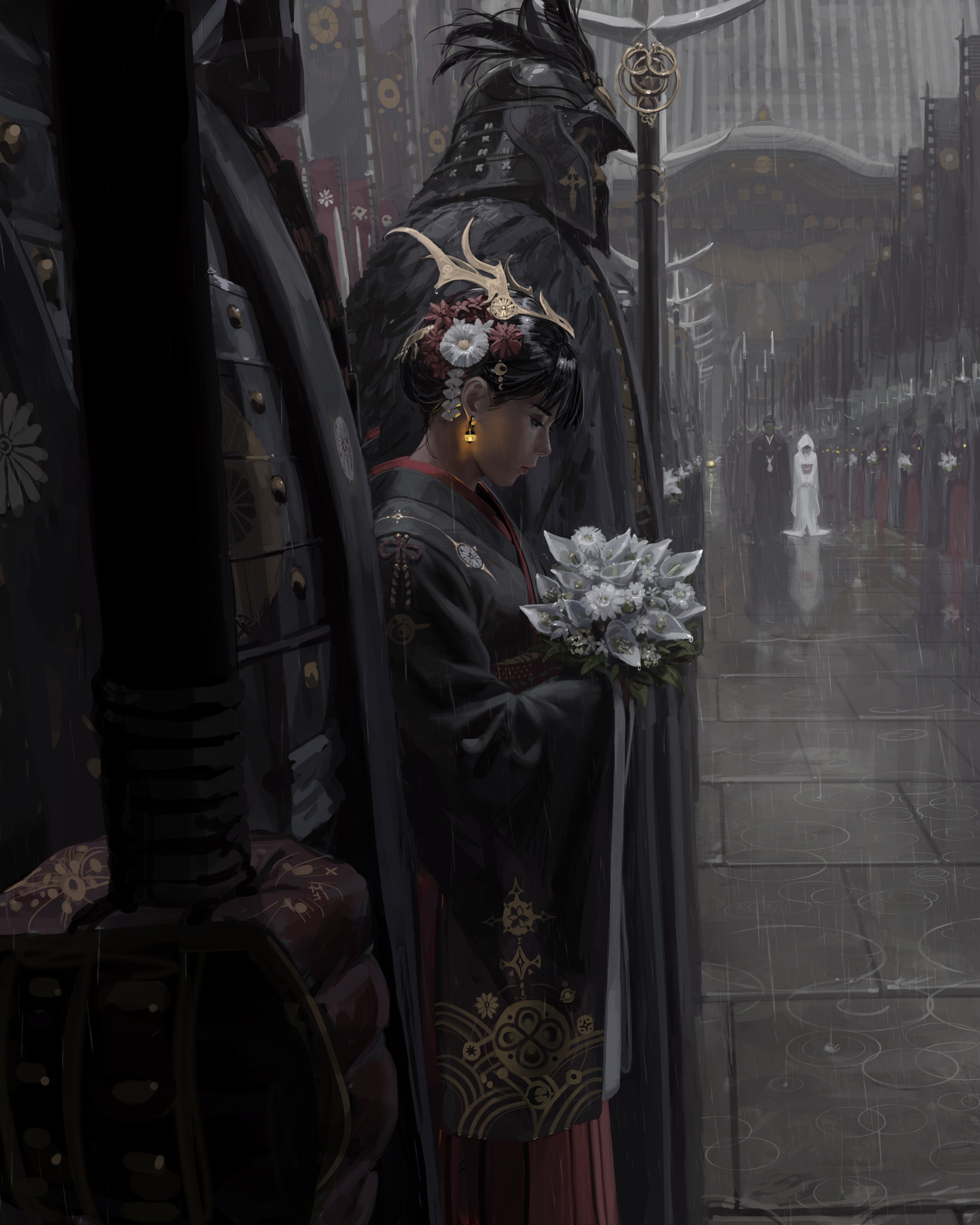 Free download Original Characters Standing Short Hair Painting Rain Samurai Flowers Headdress Wide Sleeve Long Sleeve Army Armor Earrings Mobile Wallpaper 4K Wallpaper, Wallpaper(s)