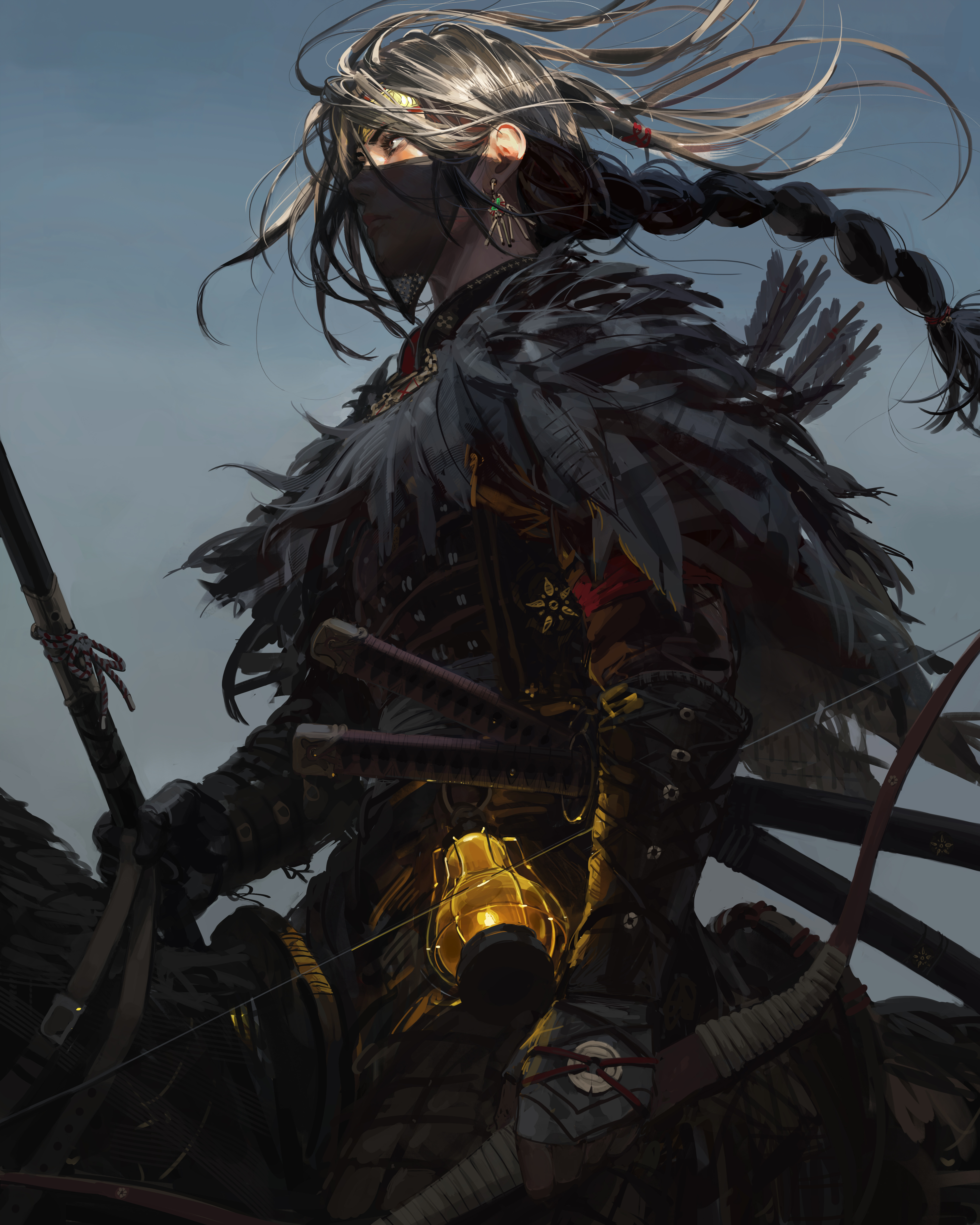 Free download Woman Long Hair Flying in the Wind Artwork Illustrations Portrait Mask Knife Bow Sunshine Earrings Candlestick Mobile Wallpaper 4K Wallpaper, Wallpaper(s) website provided.