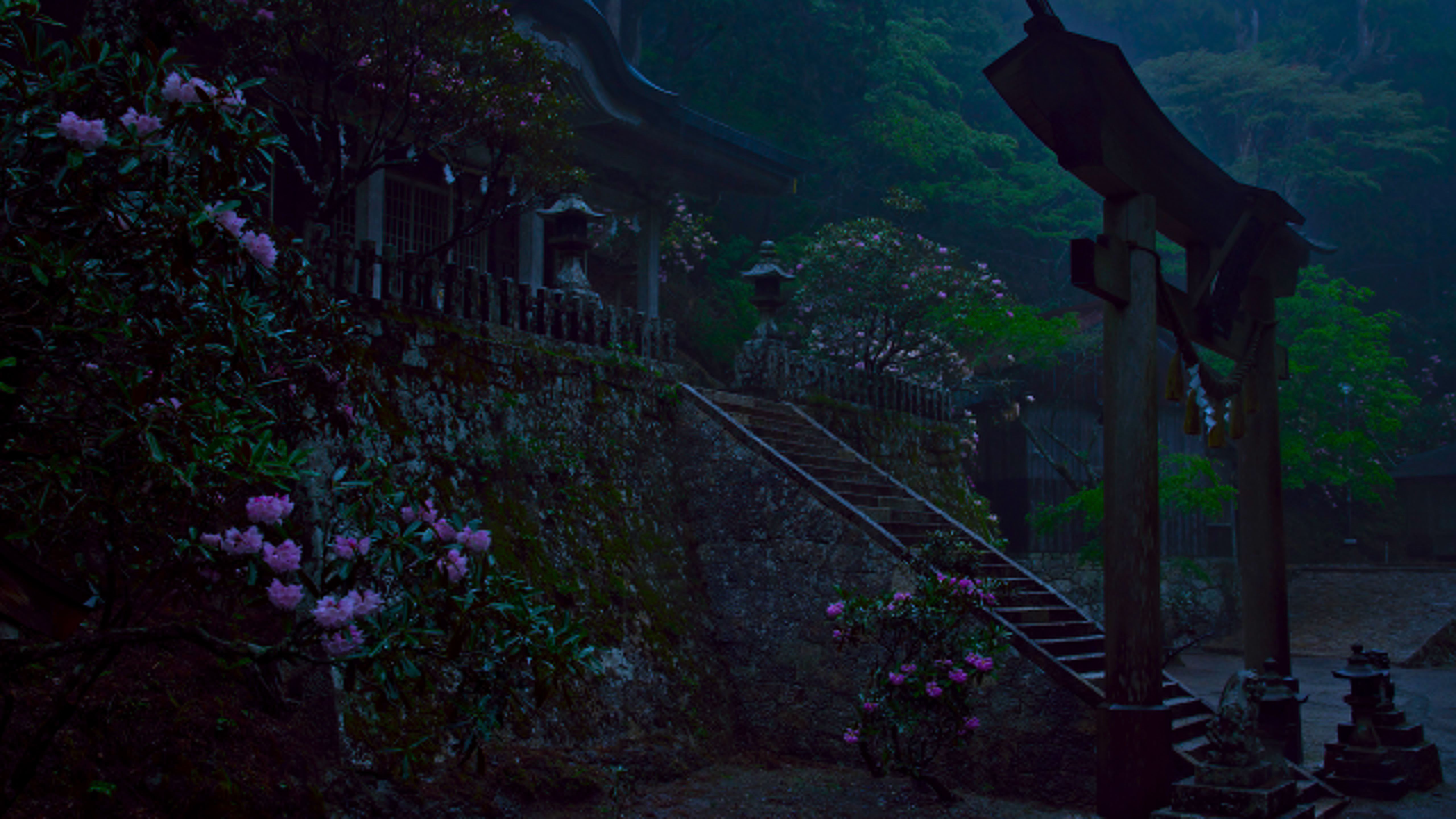 Free download nature trees plants dark pink flowers architecture moss tori shrine temple low light 4K wallpaper, Wallpaper(s) website provided.