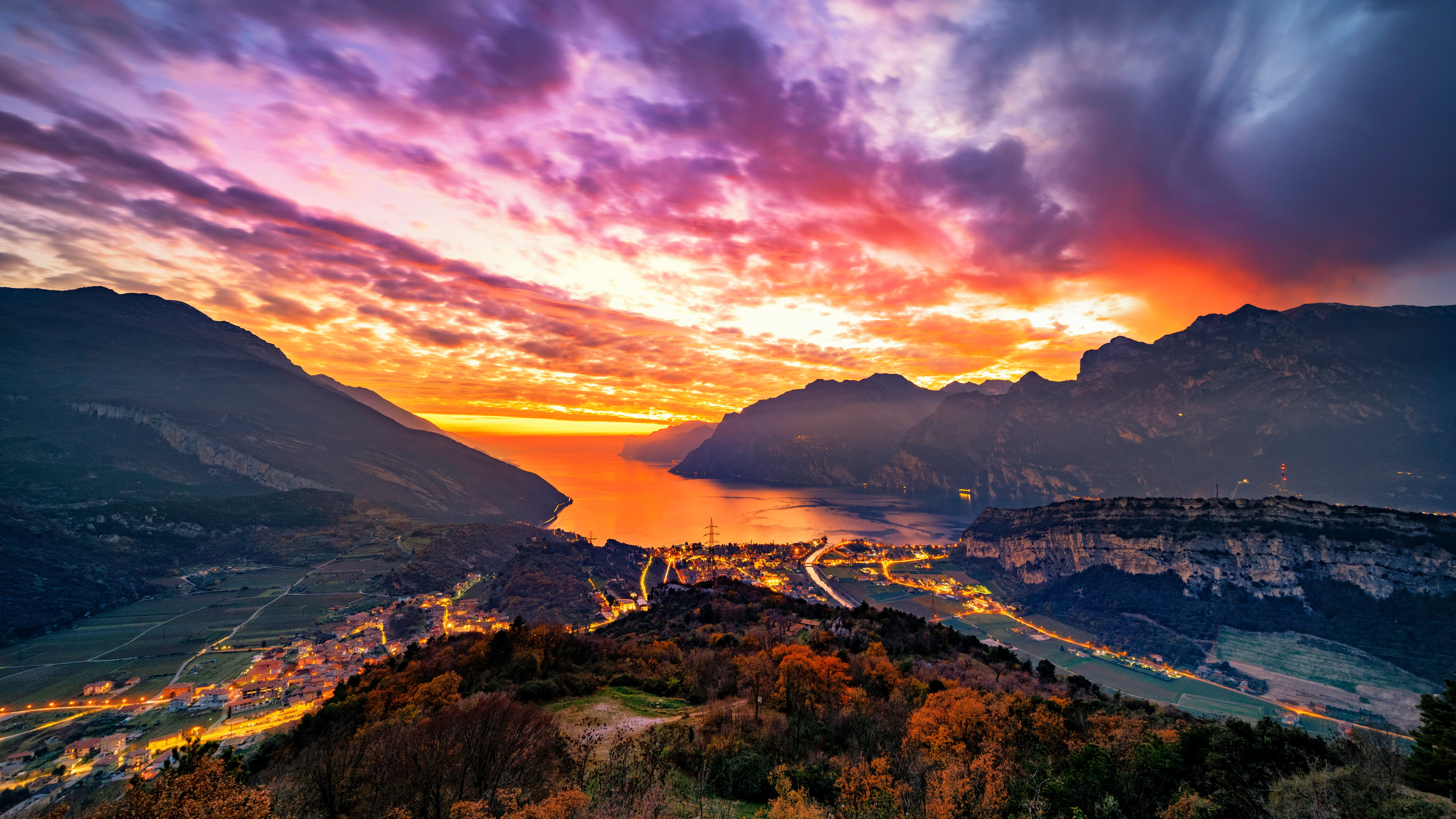 Free download Nature Landscape Mountains Sky Clouds Sunset Town Water Houses Road Long Stream Vision 4K Wallpaper, Wallpaper(s) website provided.