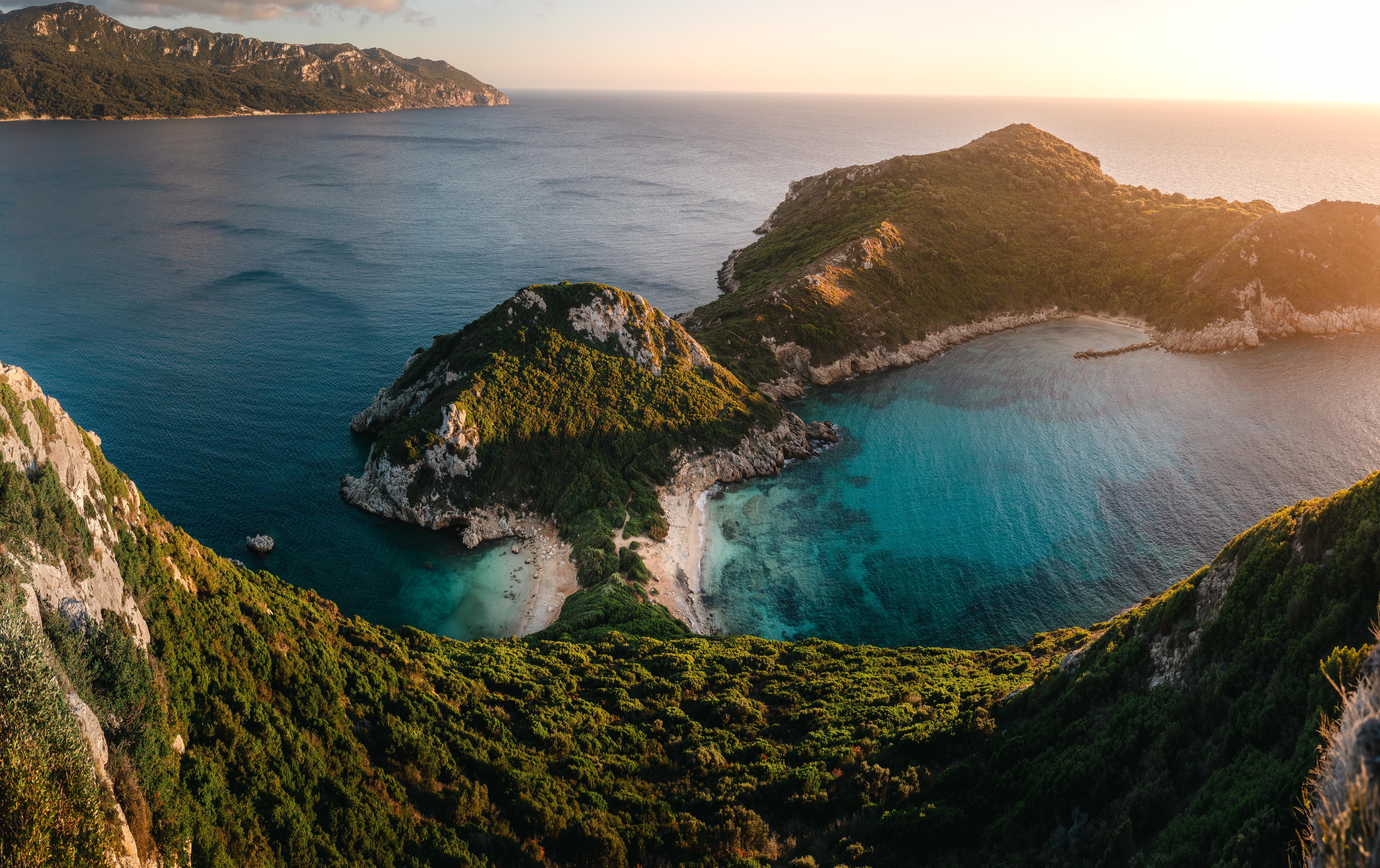 Free download sea greece beach cliff forest sunset island rock wave mountain view nature landscape 4K wallpaper, Wallpaper(s) website provided.
