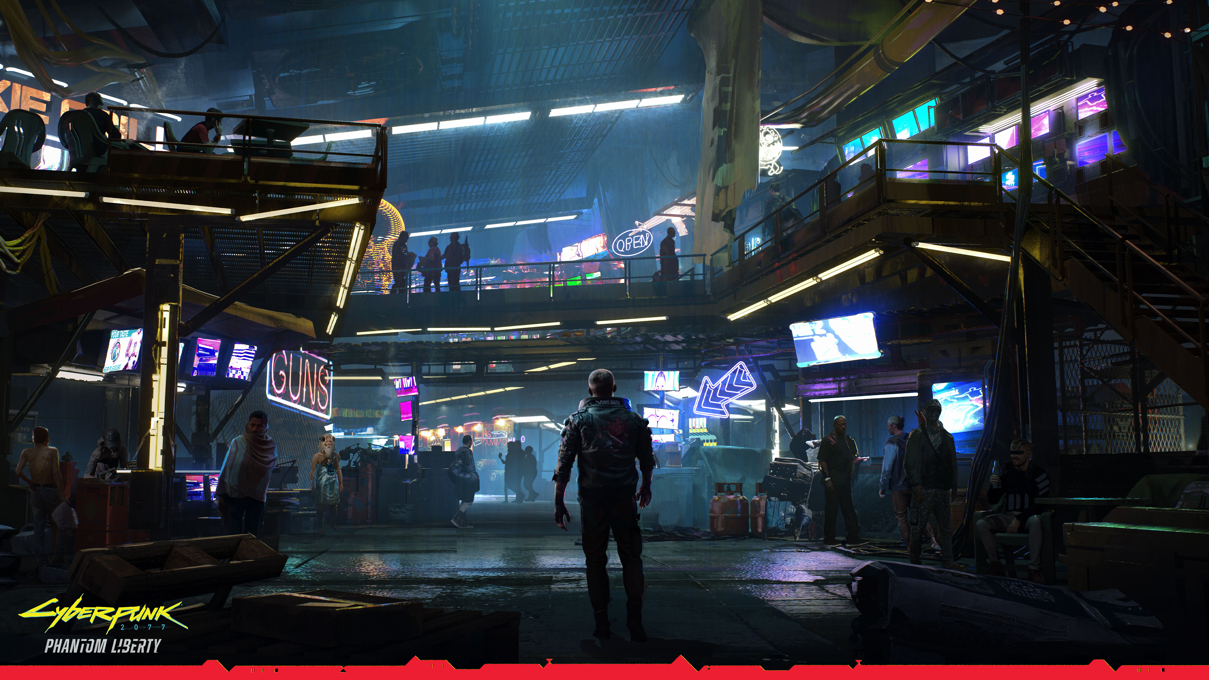 Free download stand electronic games characters men cyberpunk art arrow neon title jacket handrail stairs 4K wallpaper, Wallpaper(s) website provided.