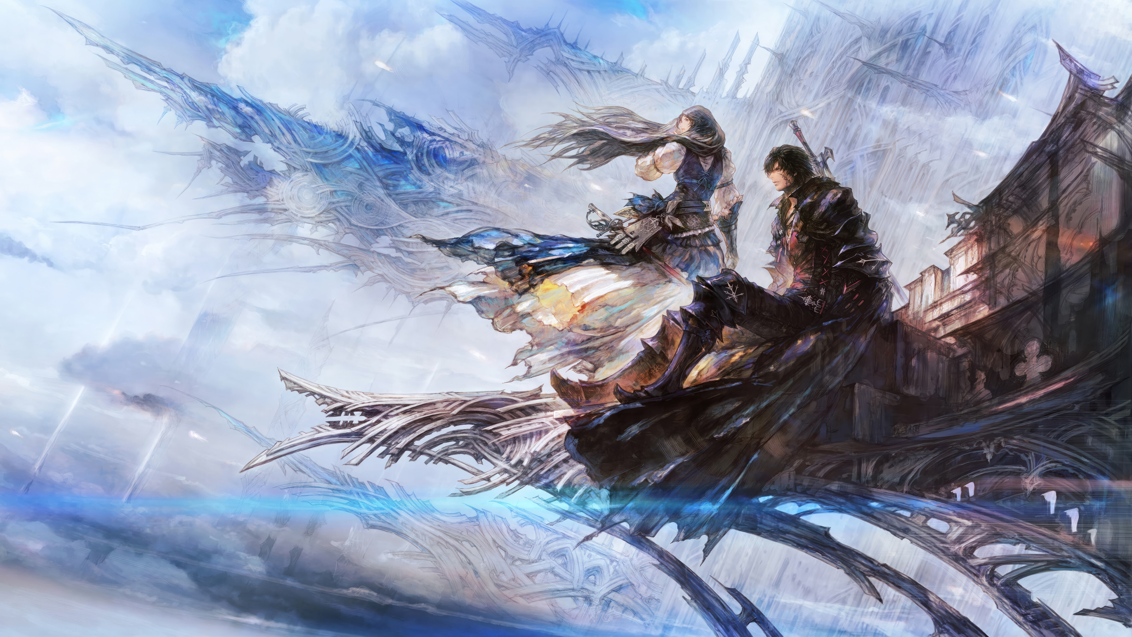 Free download Sitting Electronic Games Men Long Hair Girl Character Sword Fantasy Final Fantasy Wind Sunshine Mountains Dress 4K Wallpaper, Wallpaper(s)