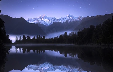 Free download Nature Landscape Low Light Snow Stars Water Trees Fog Grass Forest Dark Mountains Snow Mountain Night 8K Wallpaper, Wallpaper(s) website provided.