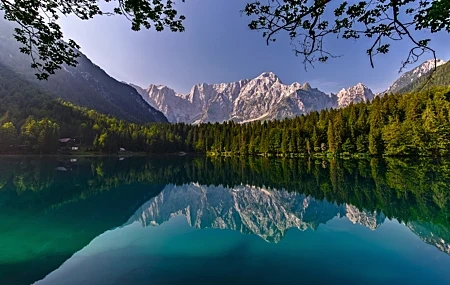 Free download nature landscape trees forest water reflection clear sky lake mountains houses sunshine sky branches 4K wallpaper, Wallpaper(s)