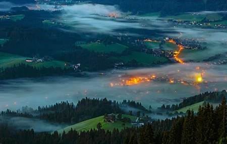 Free download Nature Landscape Trees Forest Lights Village Houses Hills Sea of Clouds Fog 4K Wallpaper, Wallpaper(s) website provided.