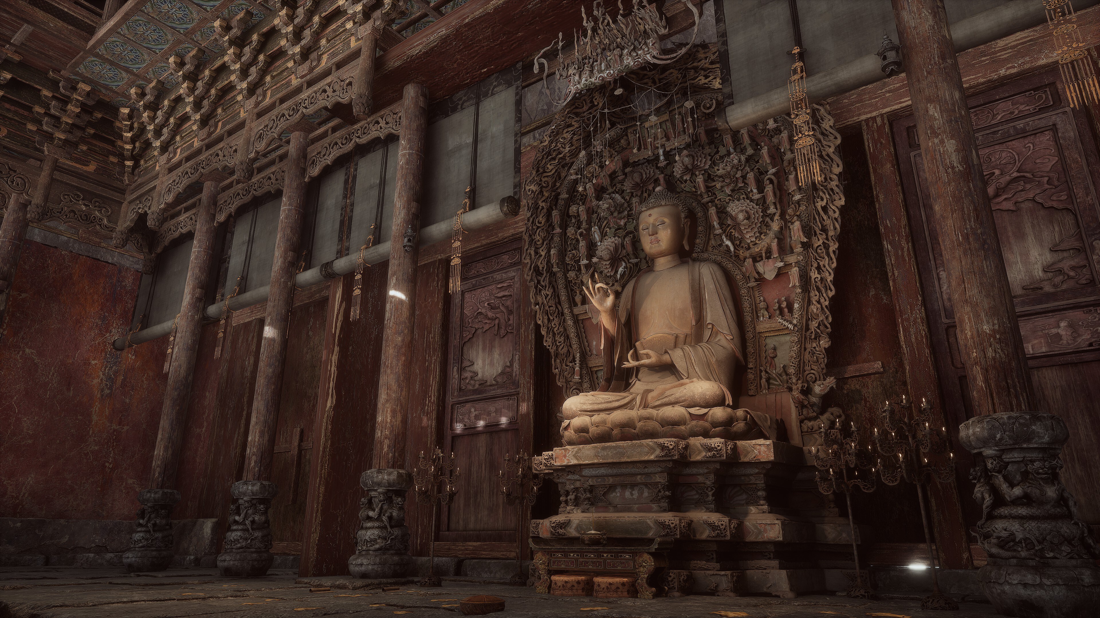 Free download Buddha Black Myth Wukong Game Computer Game Statue Buddhism Screenshot Architecture Column Candle CGI 4K Wallpaper, Wallpaper(s) website provided.
