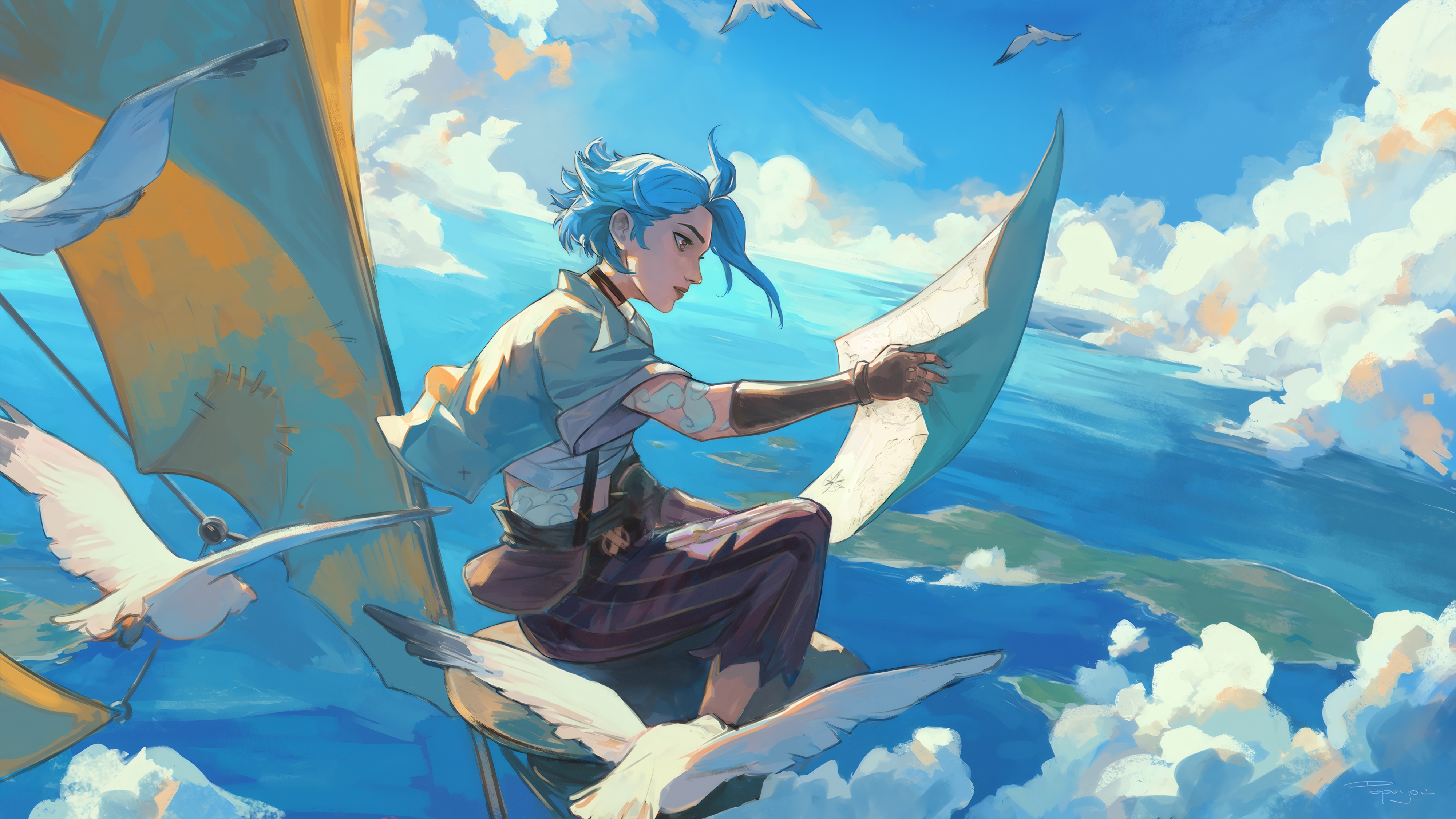 Free download League of Legends Seagull Clouds Sea Map Island Digital Art Artworks Battle of the Twin Cities 4K Wallpaper, Wallpaper(s) website provided.