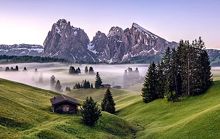 Free download Landscape nature clouds trees houses mountains fog sunny sky 4K wallpaper, Wallpaper(s) website provided.