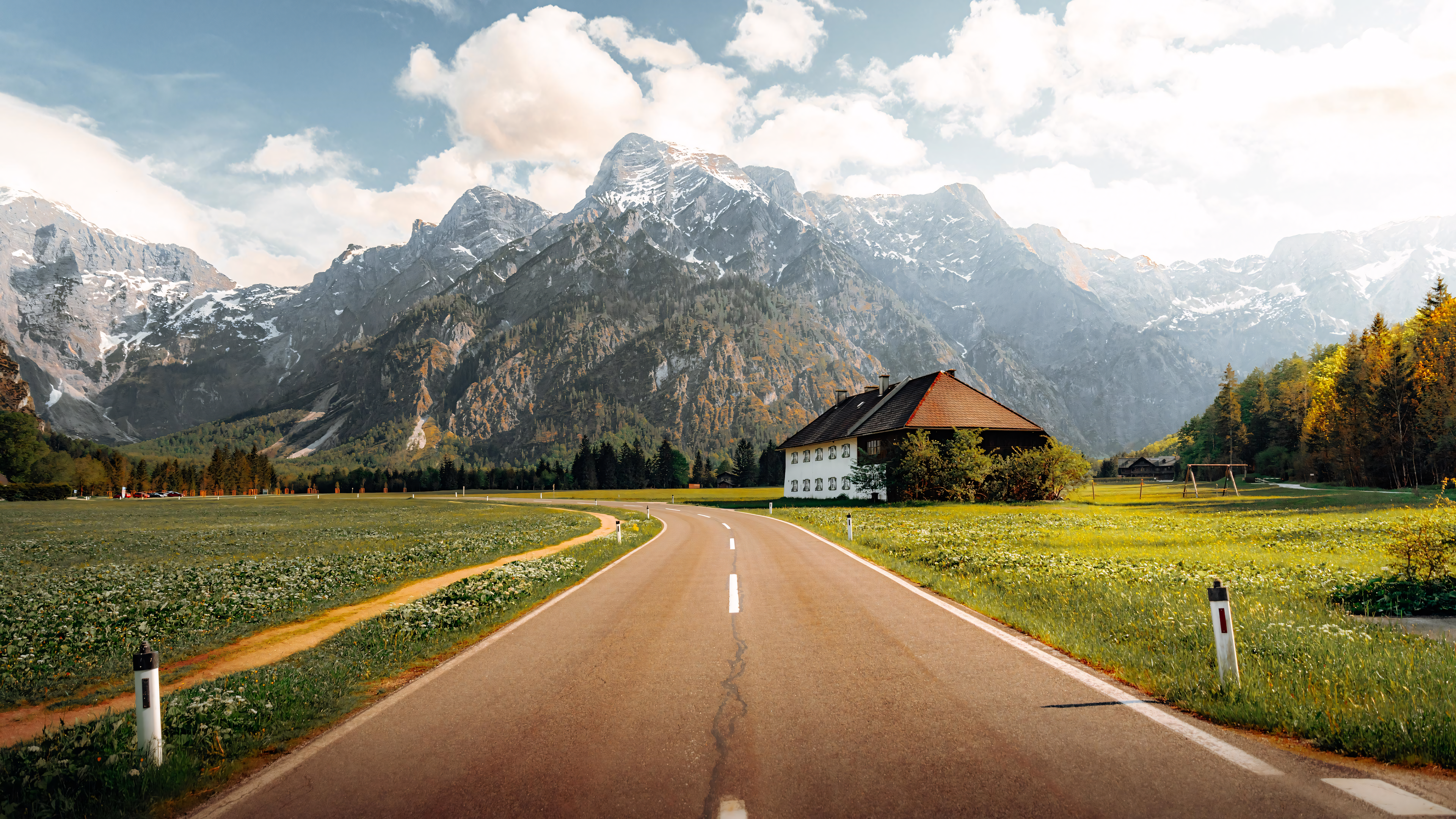 Free download nature road house trees grass field mountains sky cloud path 4K wallpaper, Wallpaper(s) website provided.