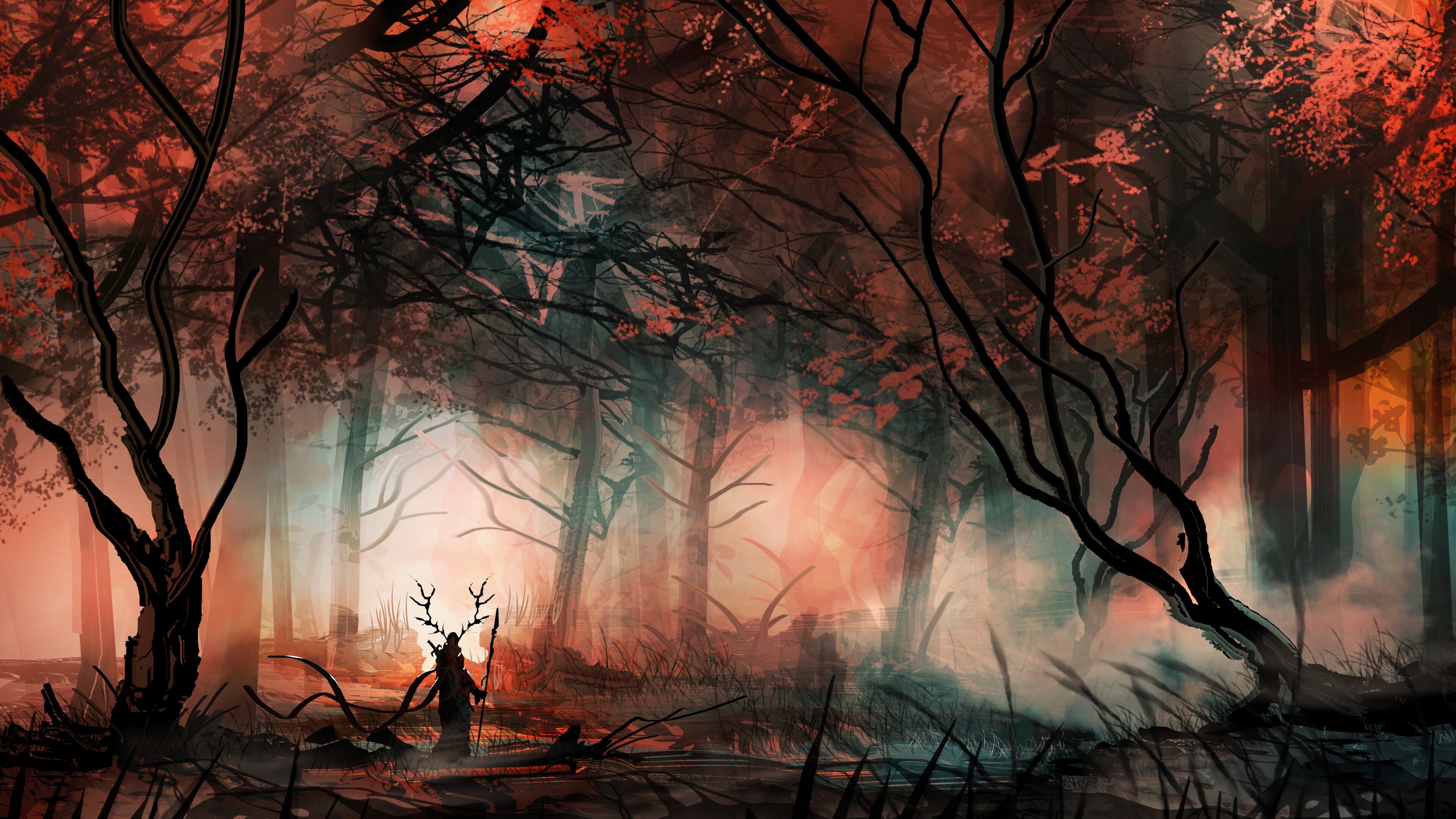 Free download Hero Lonely Fantasy Art Trees Forest AI Art Mist 4K Wallpaper, Wallpaper(s) website provided.