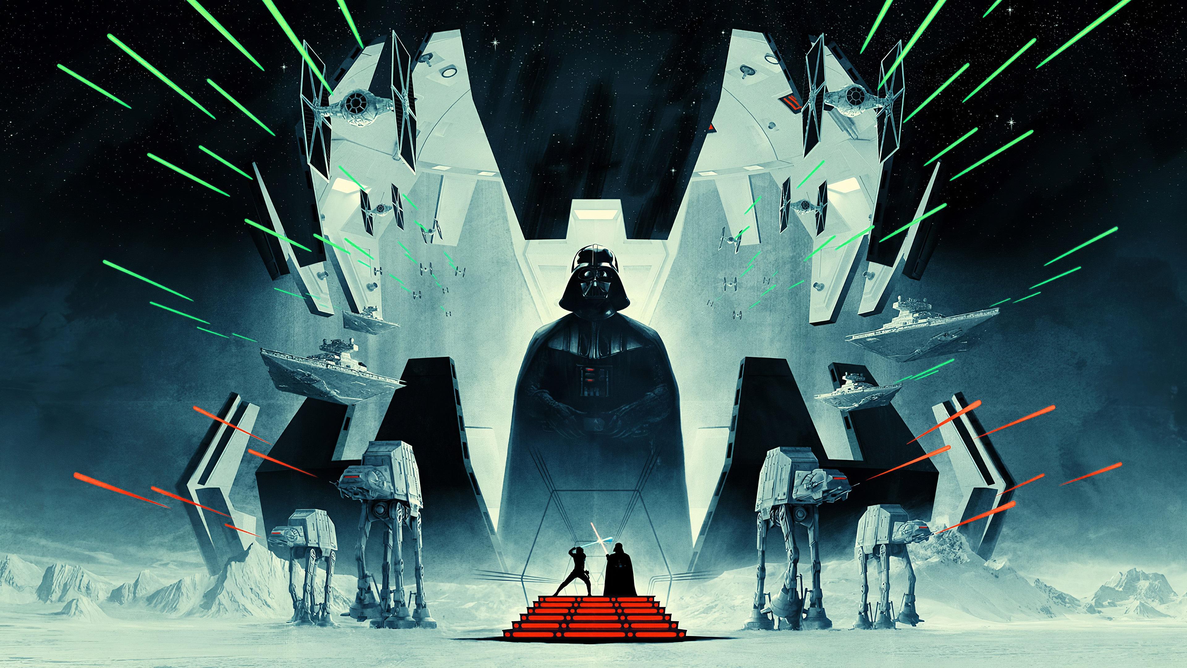 Free download Star Wars Empire Strikes Back Movie Characters Fight Lightsaber Movie Poster Laser Spaceship Tights Sky Fighter 4K Wallpaper, Wallpaper(s) website provided.