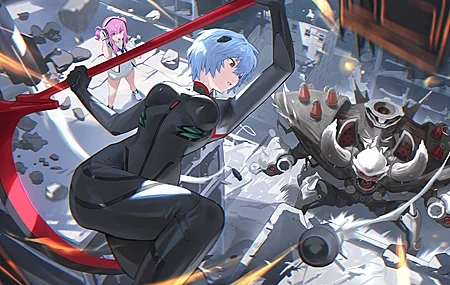 Free download Video Game Character Blue Hair Short Hair Illustration Anime Girl Evangelion Goddess of Victory Scythe Weapon Fighting Robot Ayahari Tights 4K Wallpaper, Wallpaper(s)