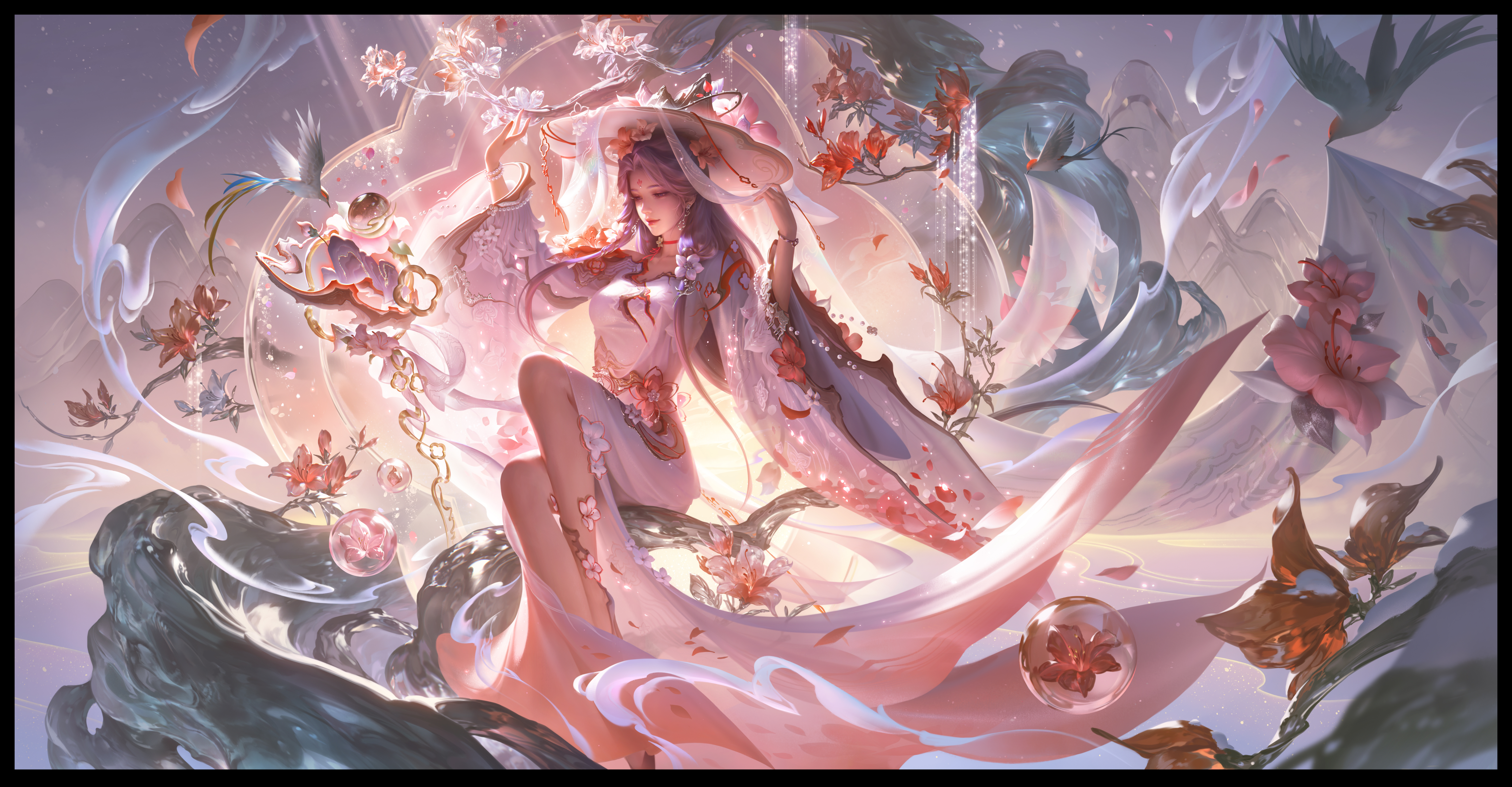 Free download Wang Zhaojun Electronic Game Character Pink Hair Girl Blue Eyes Hat Woman Long Hair Long Sleeve Earrings Necklace Hat Flower Hair 8K Wallpaper, Wallpaper(s) website provided.
