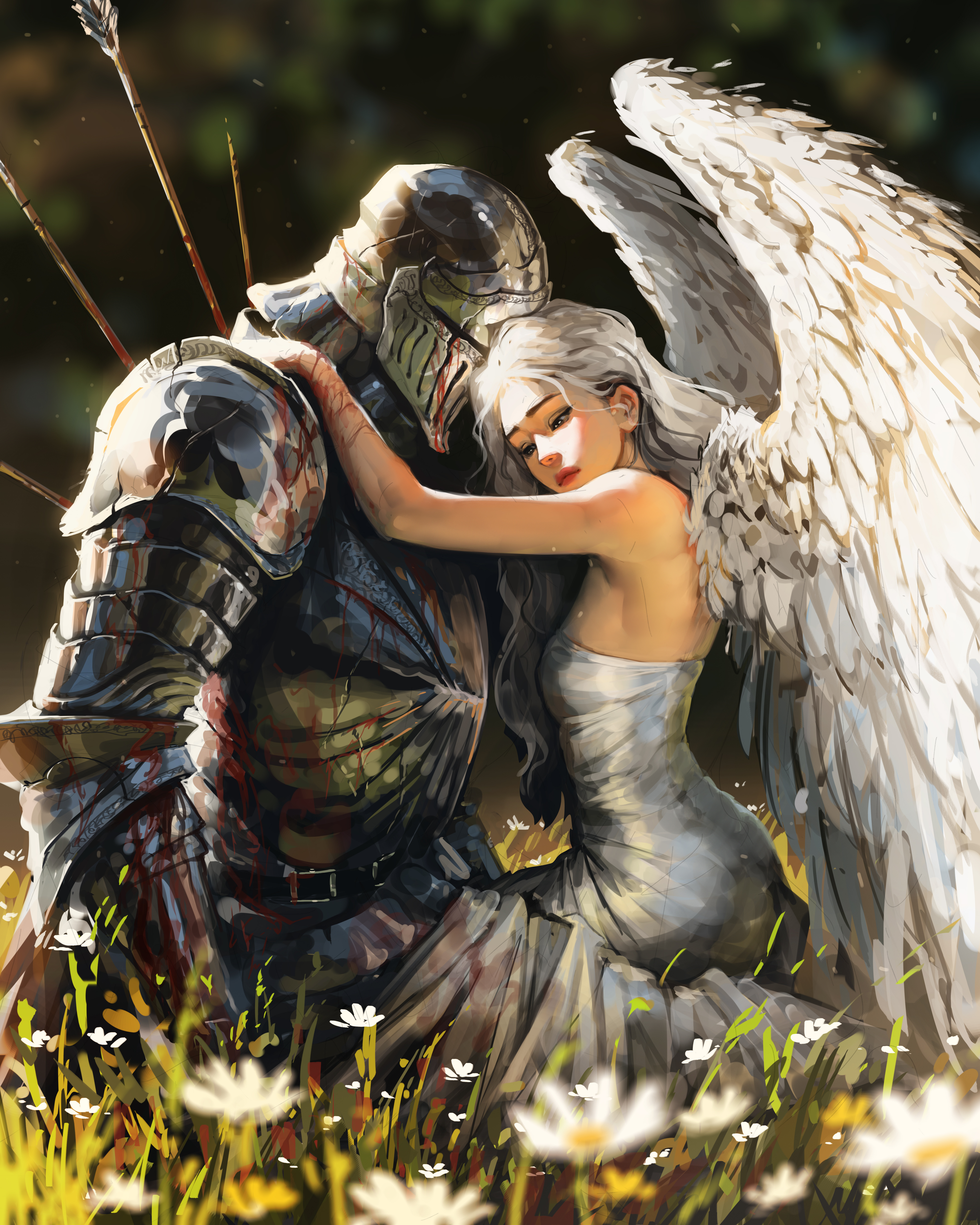Free download Couple knight hug woman long hair gray hair sitting illustration angel wings plant flowers armor white dress sunshine mobile wallpaper 4K wallpaper, Wallpaper(s)