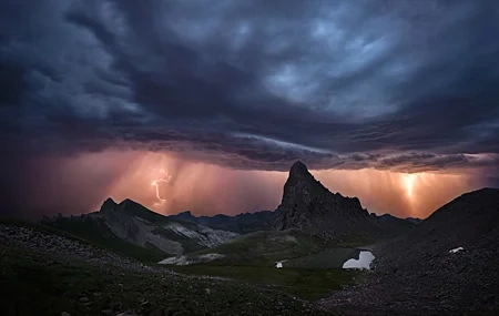 Free download Photography Landscape Clouds Storm Lightning Nature Environment Sky Rocks 4K Wallpaper, Wallpaper(s) website provided.