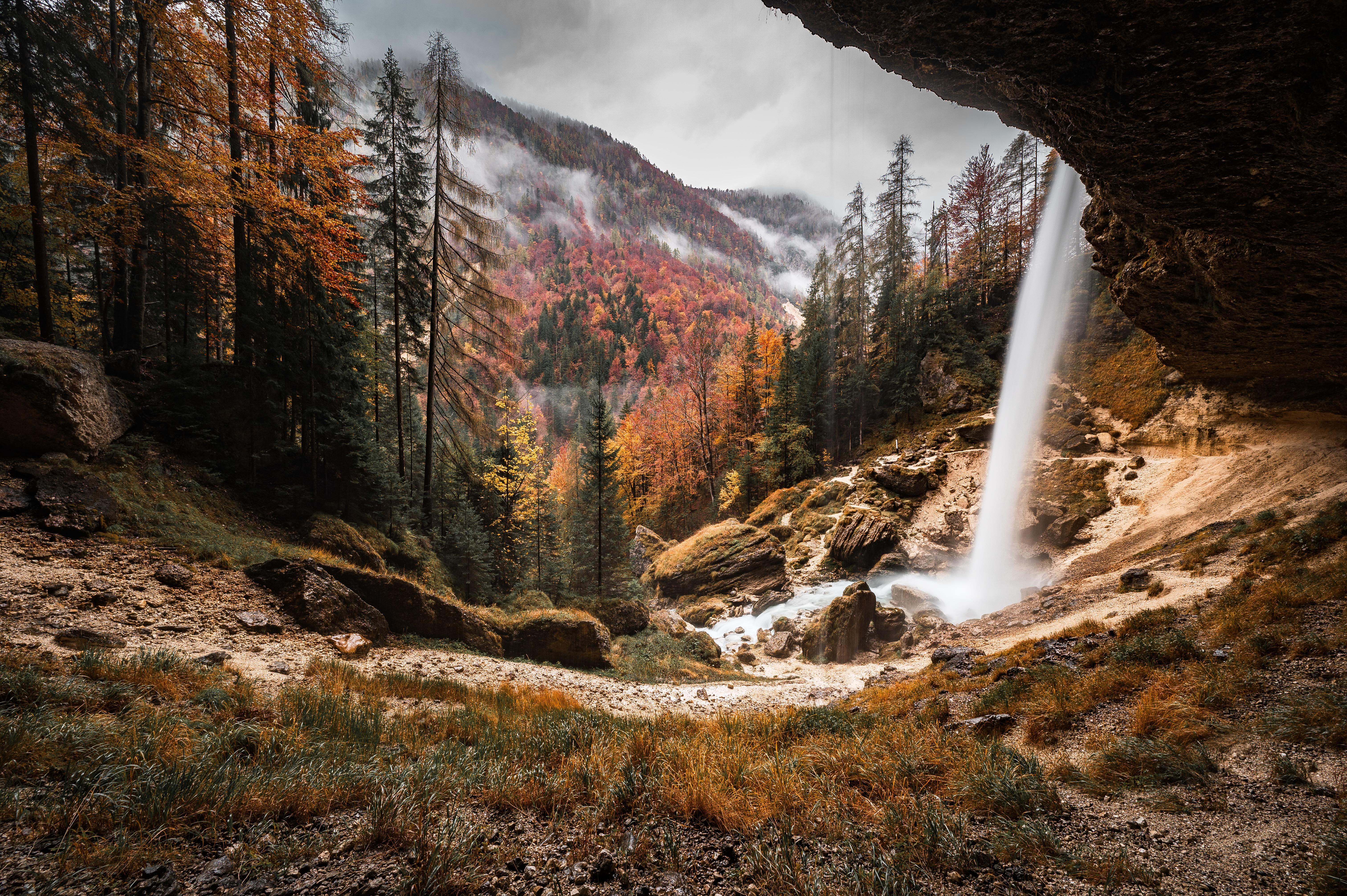 Free download Nature Landscape Forest Waterfall Cave Fog Cloud Autumn 4K Wallpaper, Wallpaper(s)