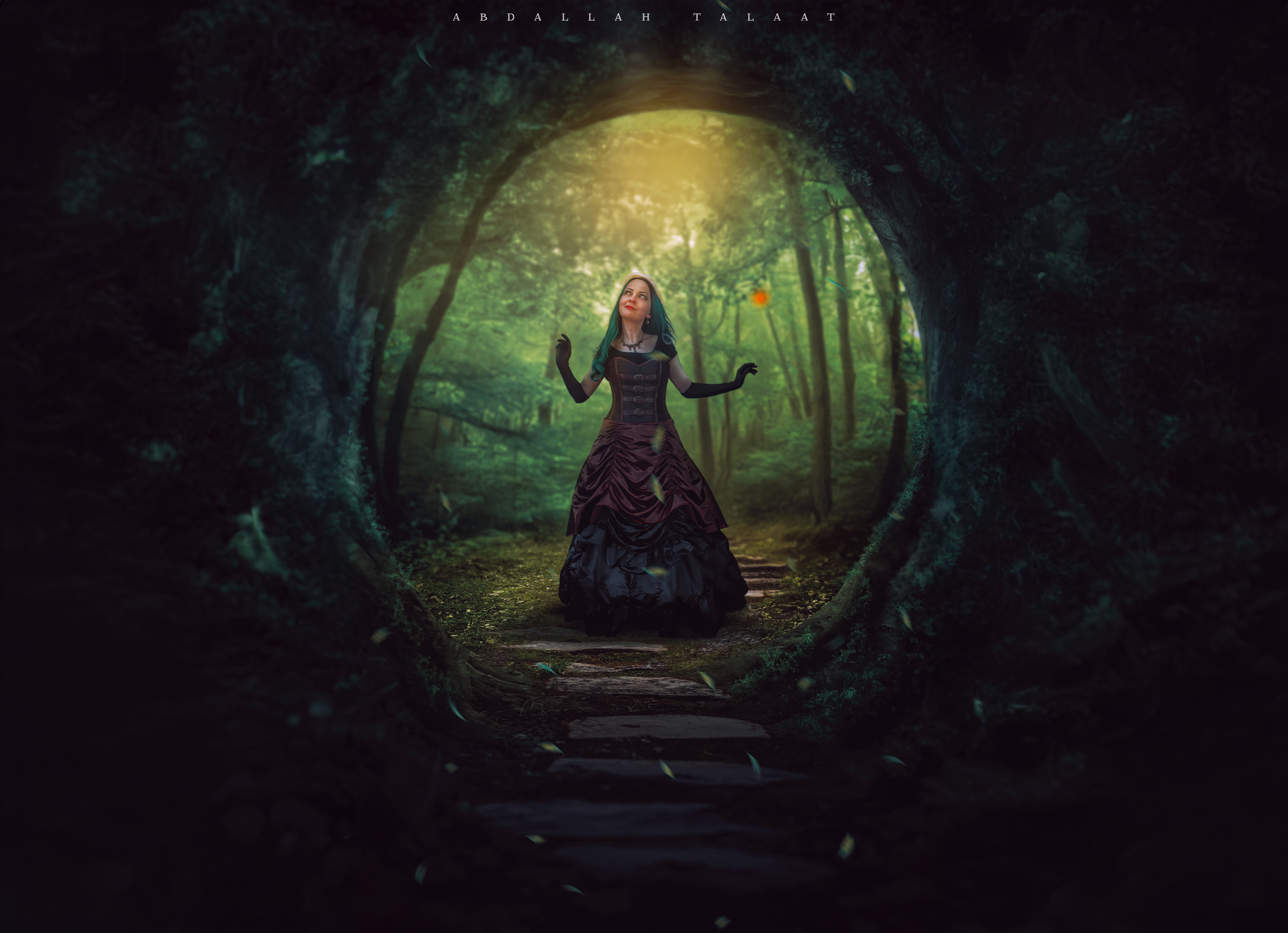 Free download Women Abdullah Talat Full Body Standing Outdoor Long Hair Fantasy Island Forest Portal Path Green Trees Sunshine Leaves Gloves Earrings Clothes, 4K Wallpaper, Wallpaper(s) website provided.