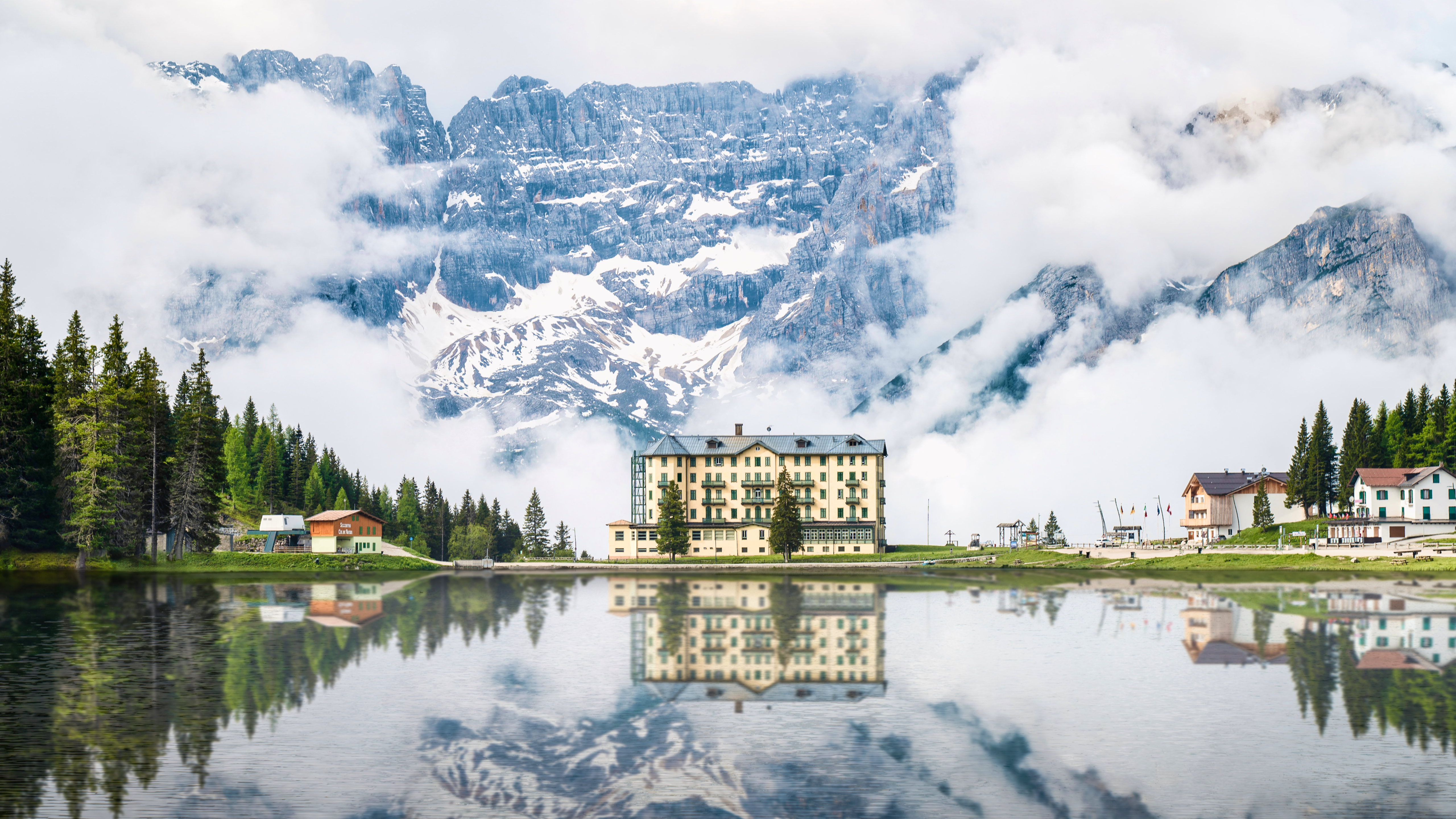 Free download Landscape Mansion Mountains Rock House Lake Reflection Clouds Trees Ripples 4K Wallpaper, Wallpaper(s) website provided.