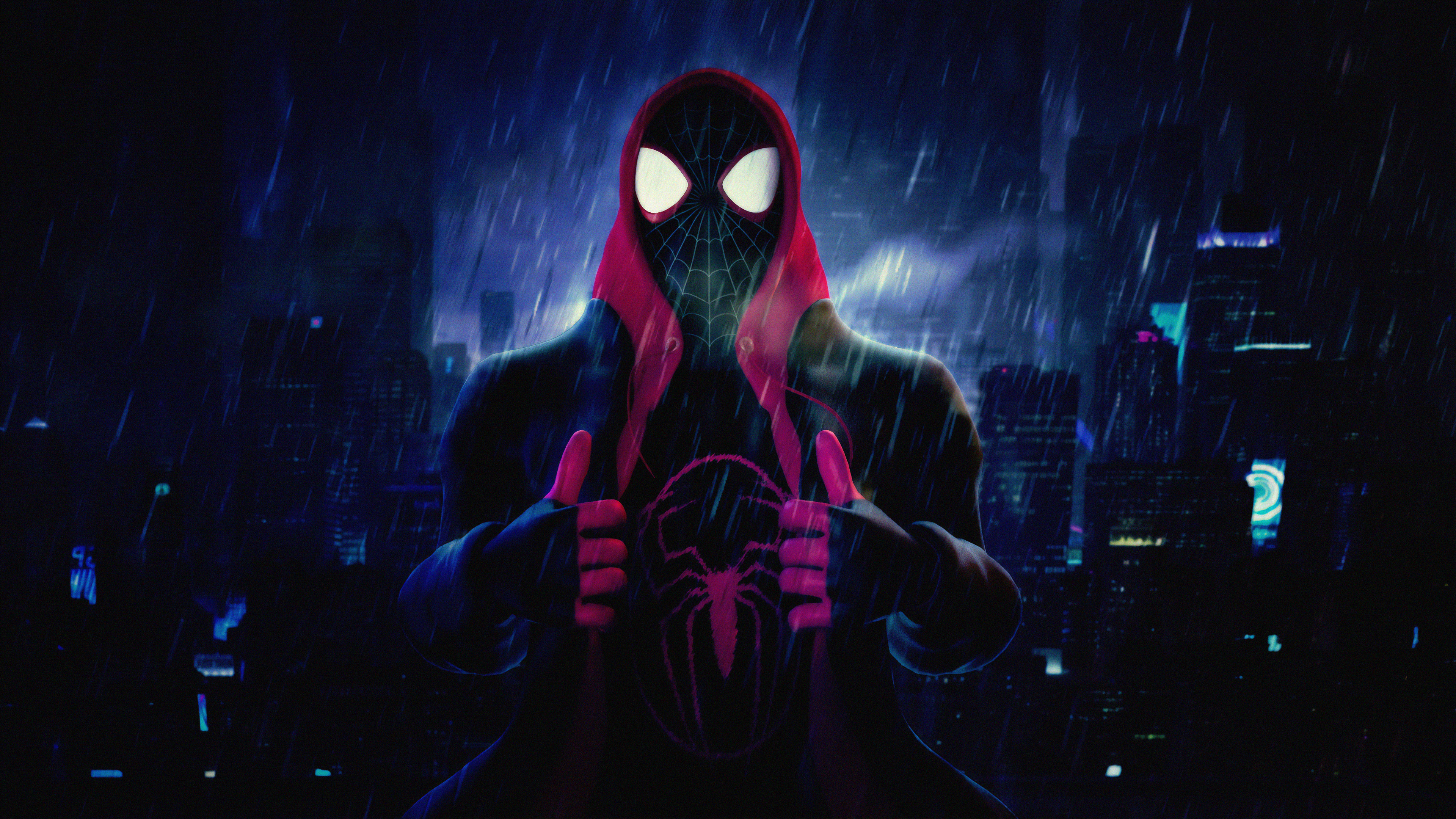 Free download Fiction Character AI Art Illustration Hood Mask Superhero Concept Art Environment City Lights Architecture Dark Background 4K Wallpaper, Wallpaper(s) website provided.