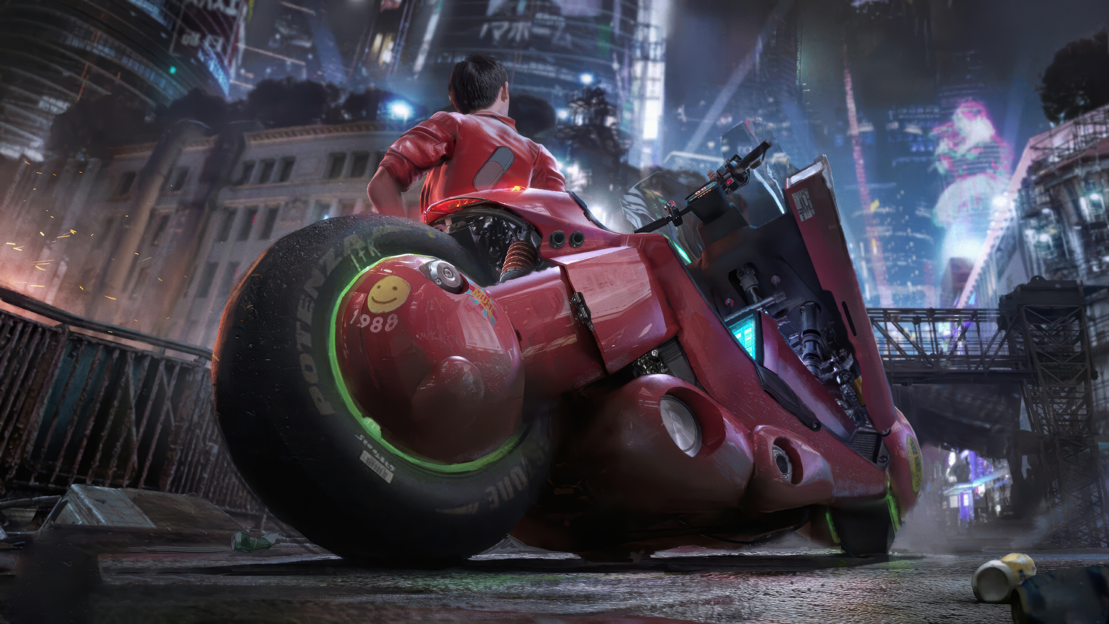 Free download Chris Short Hair Man Motorcycle Anime City Jacket Light Building Futuristic 4K Wallpaper, Wallpaper(s)
