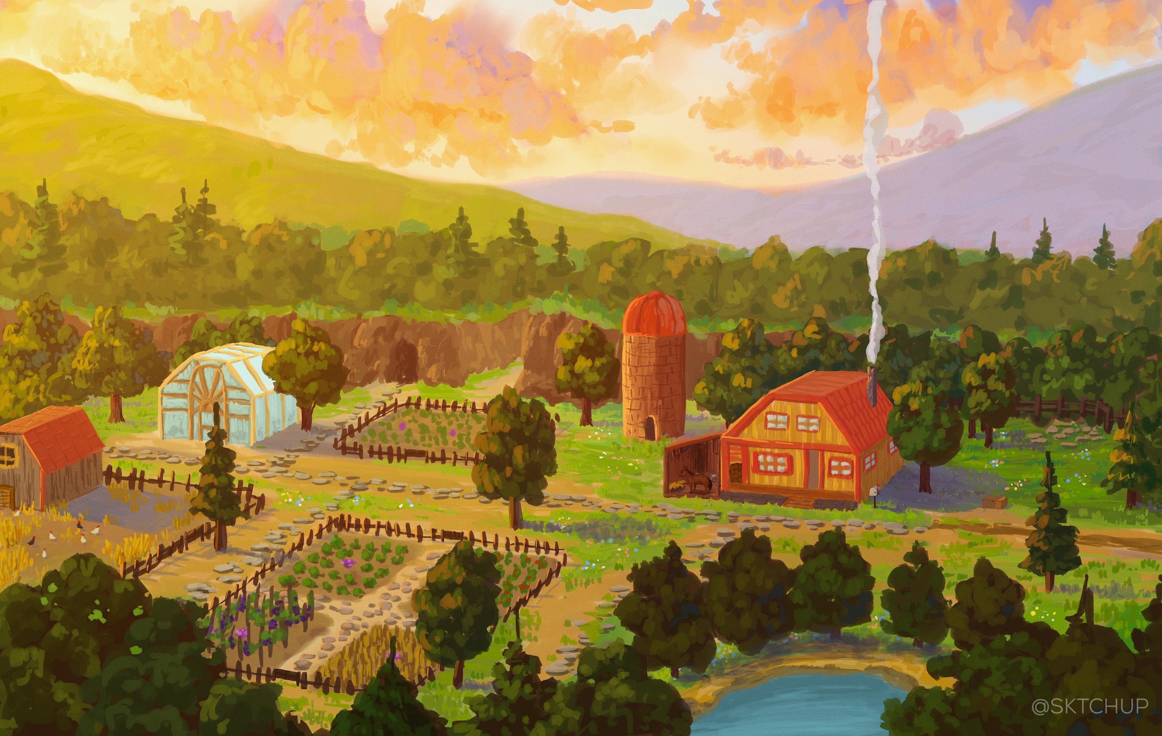 Free download Electronic Games Landscape Trees Smoke Barn Landscape Mountains Chimney Path Sky Clouds 4K Wallpaper, Wallpaper(s) website provided.