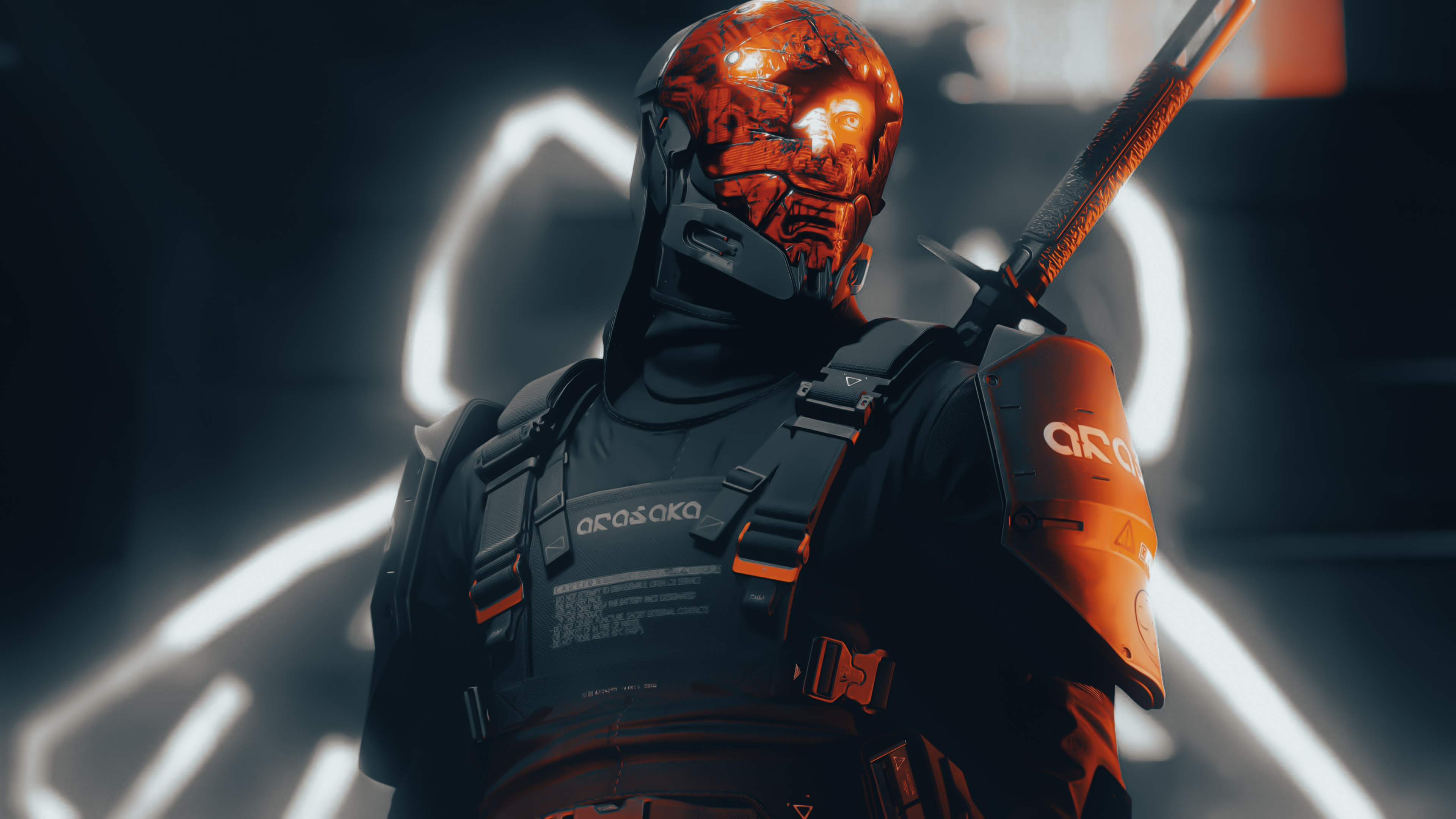 Free download Fiction Characters Warrior Swordsman Soldier Cyberpunk Science Fiction Novel Futuristic CGI Black Suit Neon Costume Mask Helmet Armor Movie Bodysuit 4K Wallpaper, Wallpaper(s) website provided.