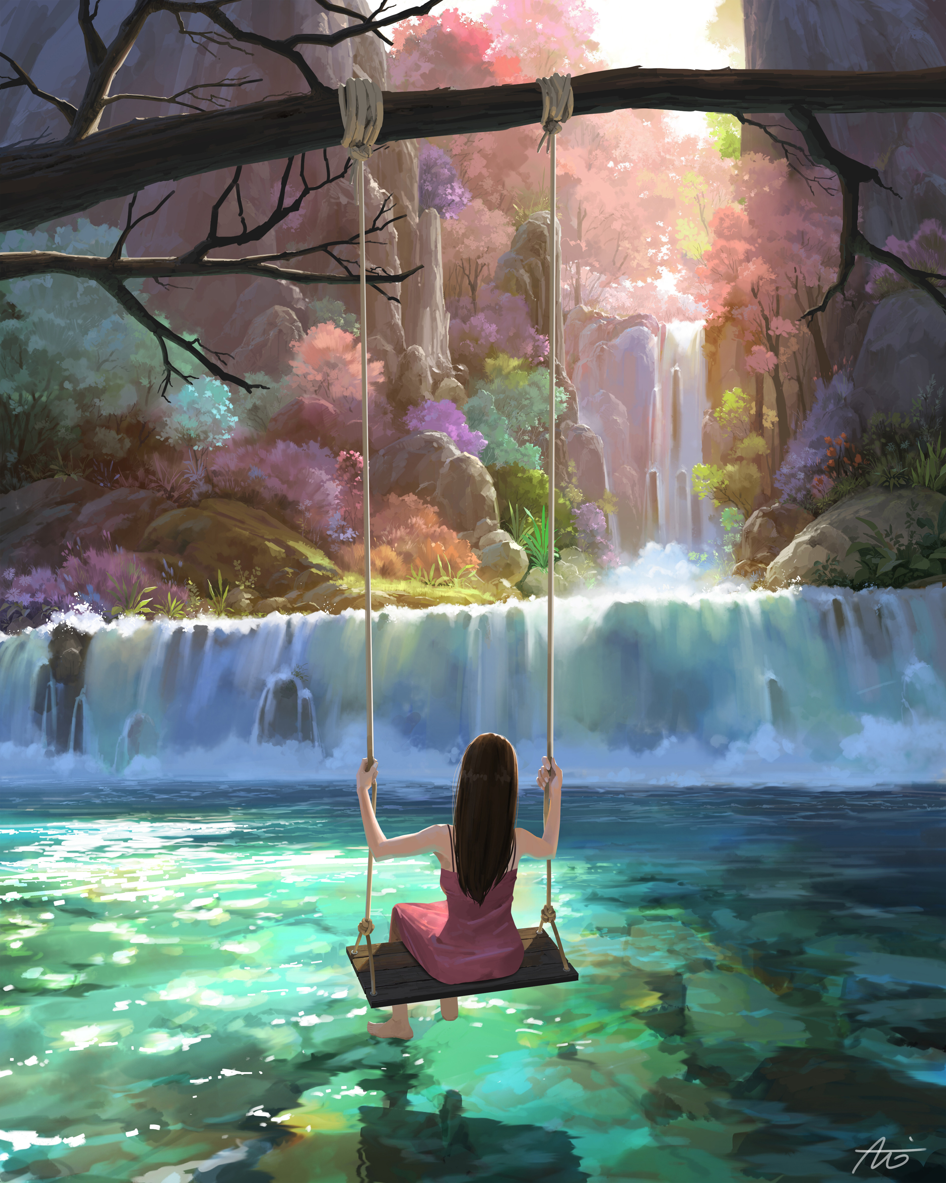Free download Woman sitting long hair brunette digital art artwork illustration digital painting portrait nature swing water river sunshine mobile wallpaper 4K wallpaper, Wallpaper(s) website provided.