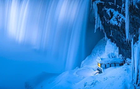 Free download Nature Landscape Water Snow Hut Rock Waterfall Lights Winter Waterfall 4K Wallpaper, Wallpaper(s)