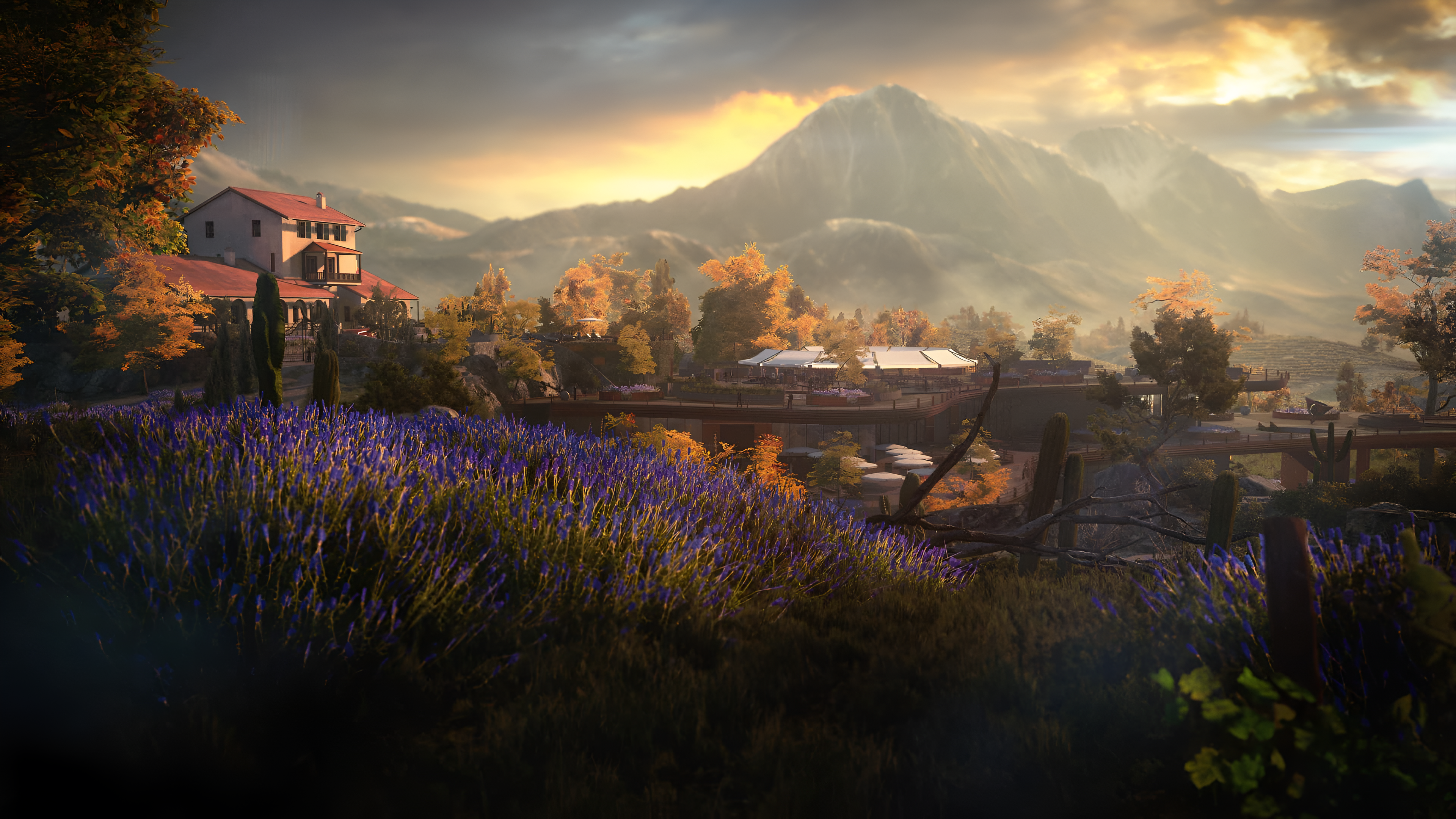 Free download Electronic Games Mountains Lavender Sunset Electronic Clouds Leaves CGI Houses Sky Trees Outdoor Sunset 4K Wallpaper, Wallpaper(s)